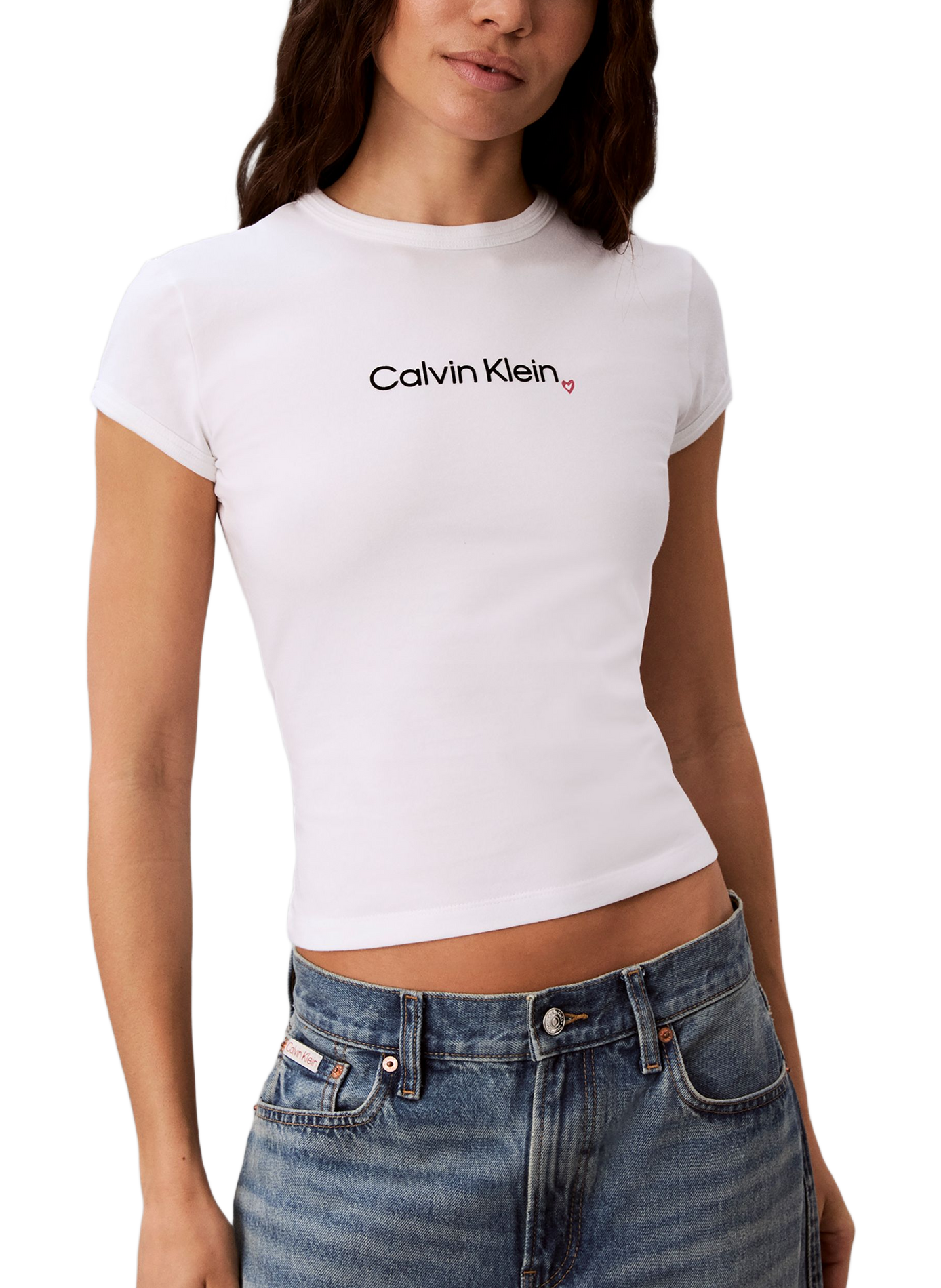 T-shirt moulant à logo en coton mélangé CALVIN KLEIN Blanc