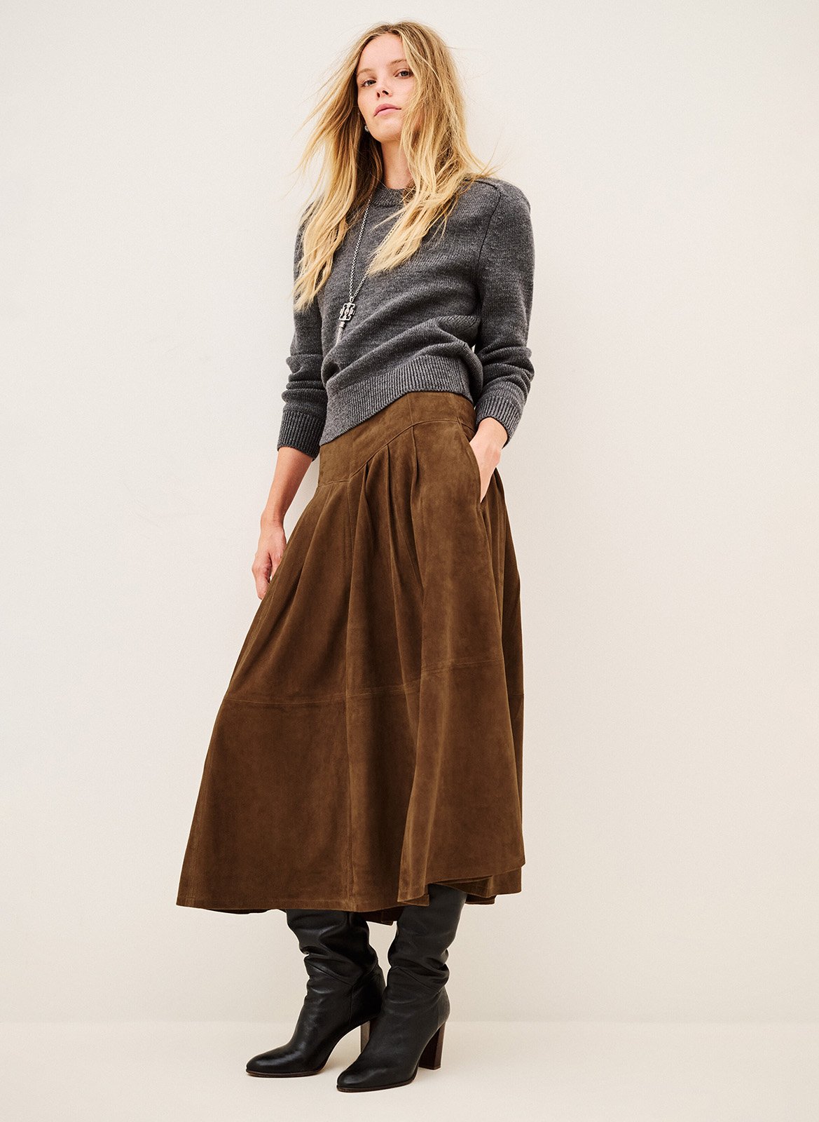 Jupe midi en daim nolly BA&SH Marron
