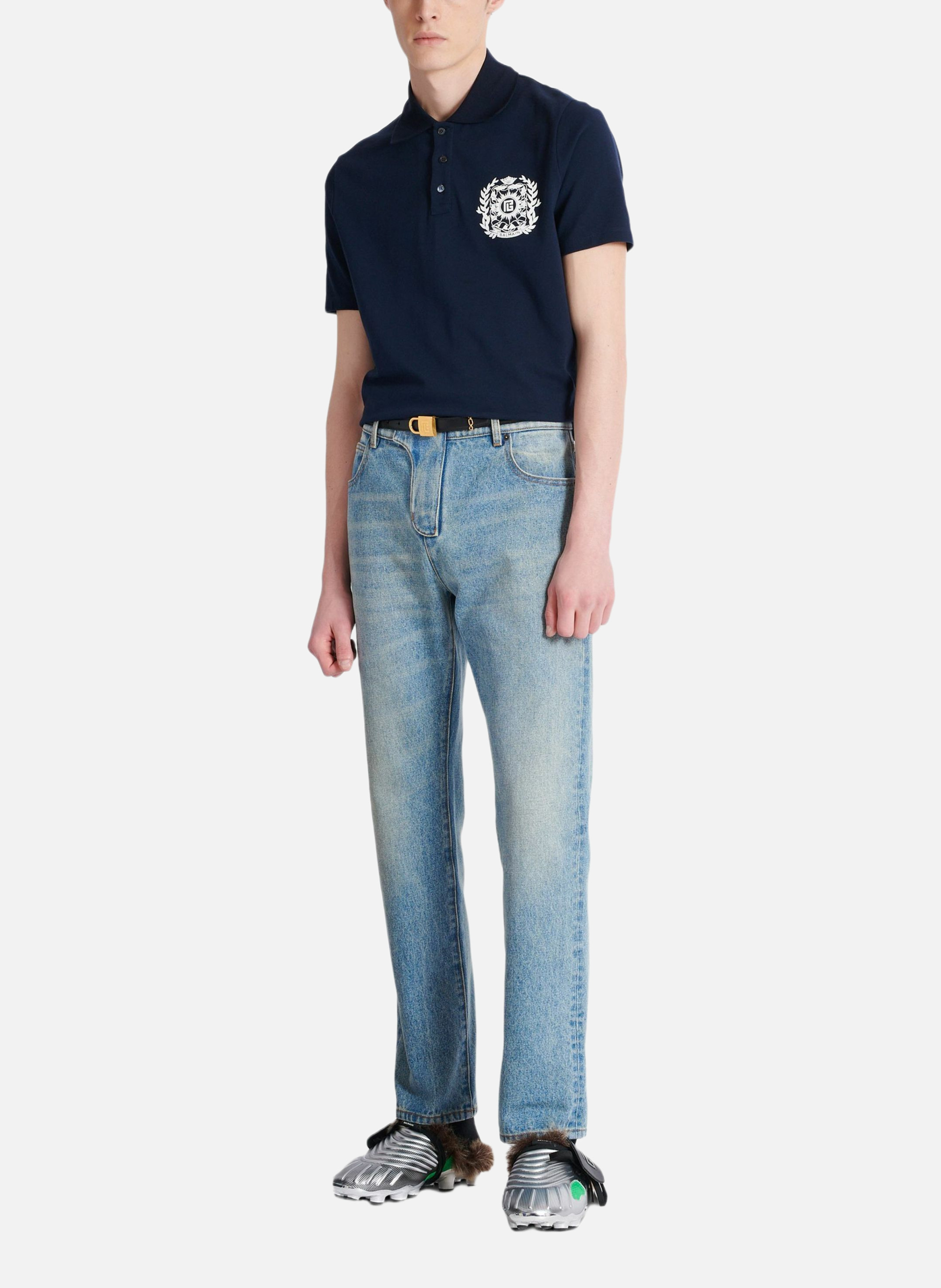 Polo en coton imprimé écusson BALMAIN Bleu