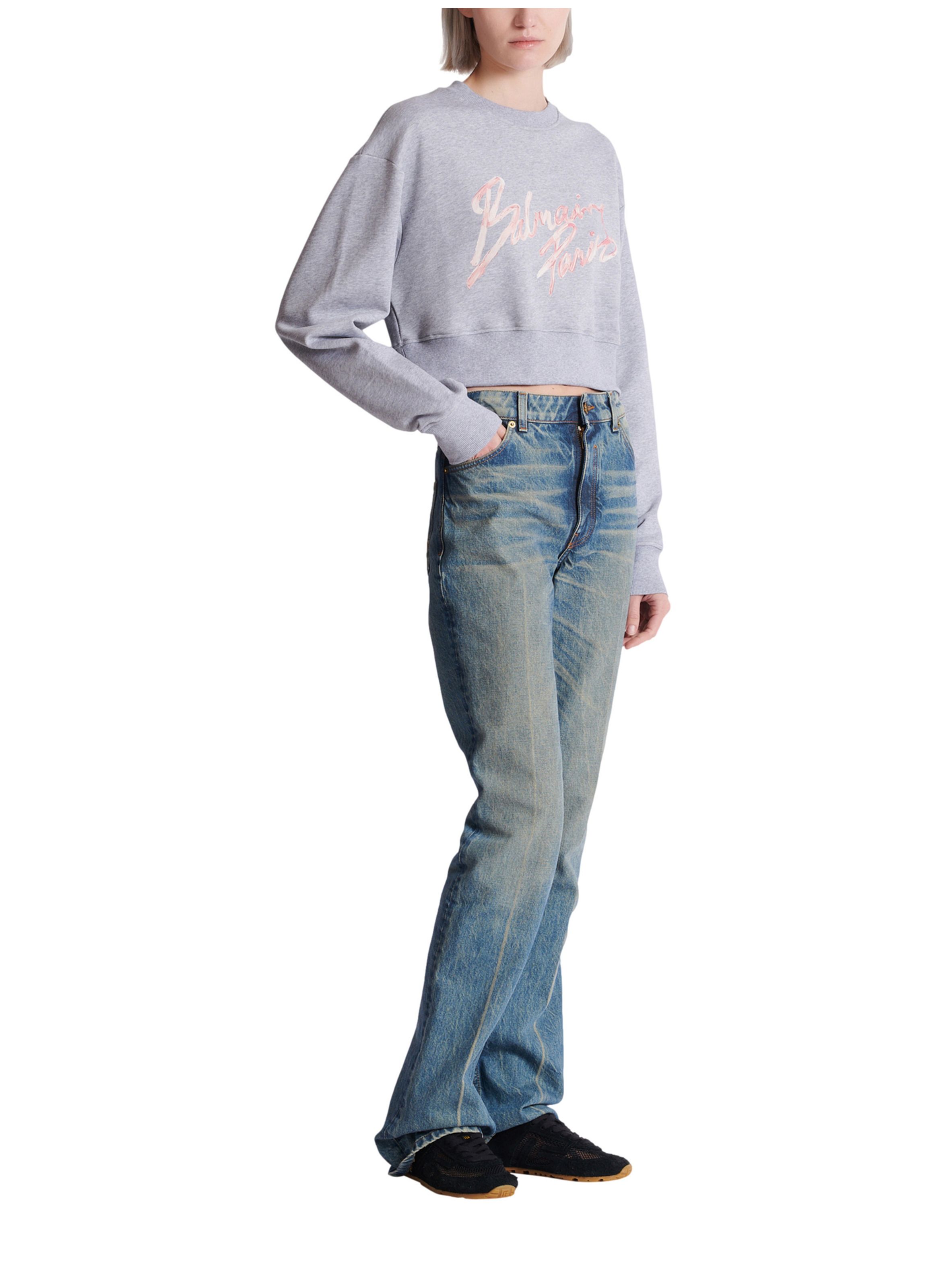 Sweatshirt court en coton à imprimé BALMAIN Gris