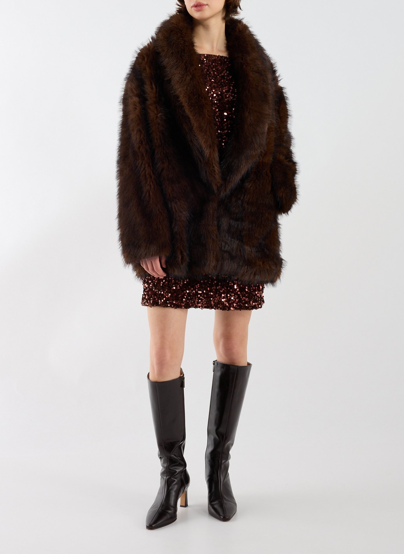 Manteau droit en fausse fourrure TOPSHOP Marron