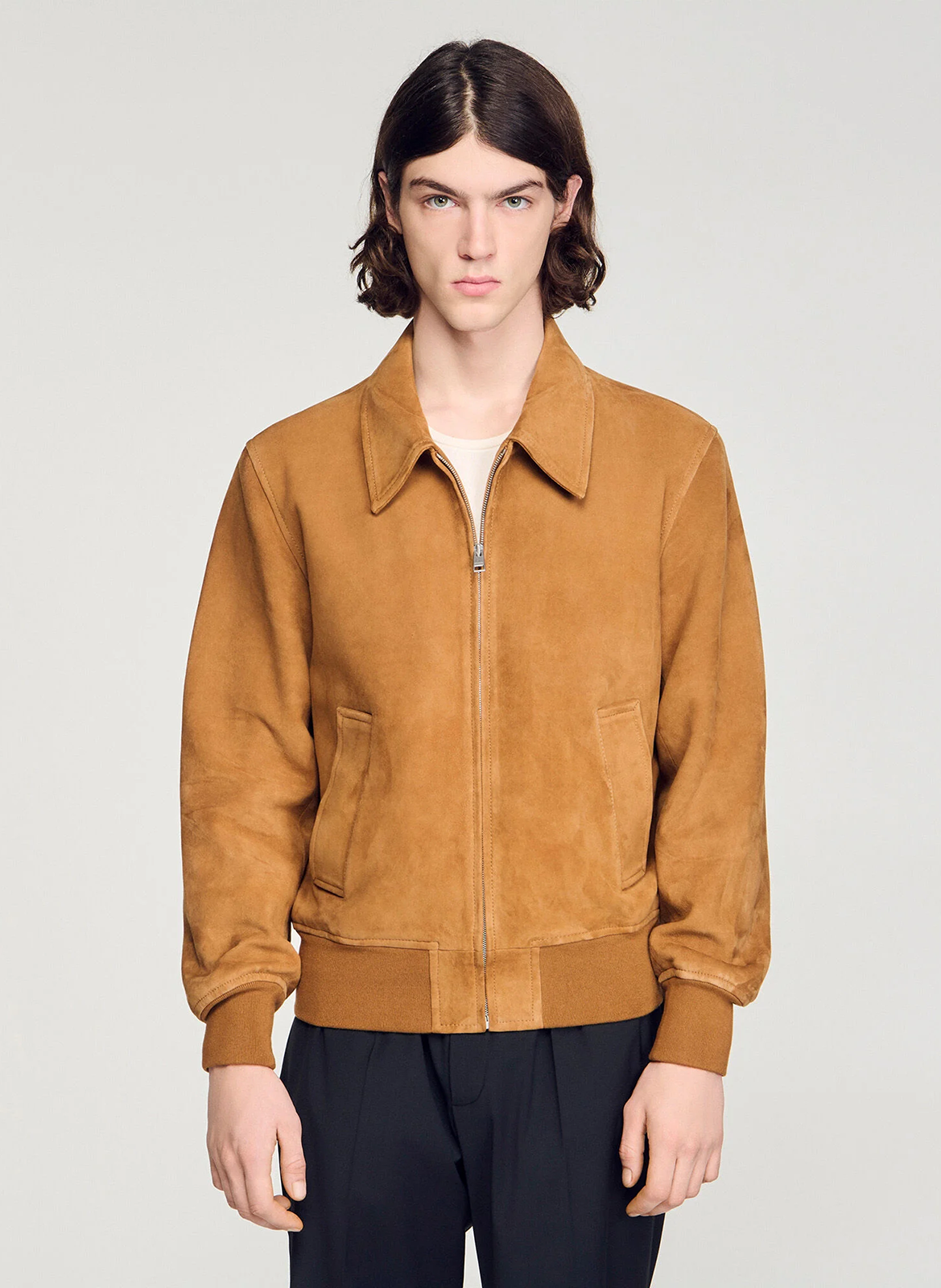 Blouson col classique en cuir SANDRO Marron