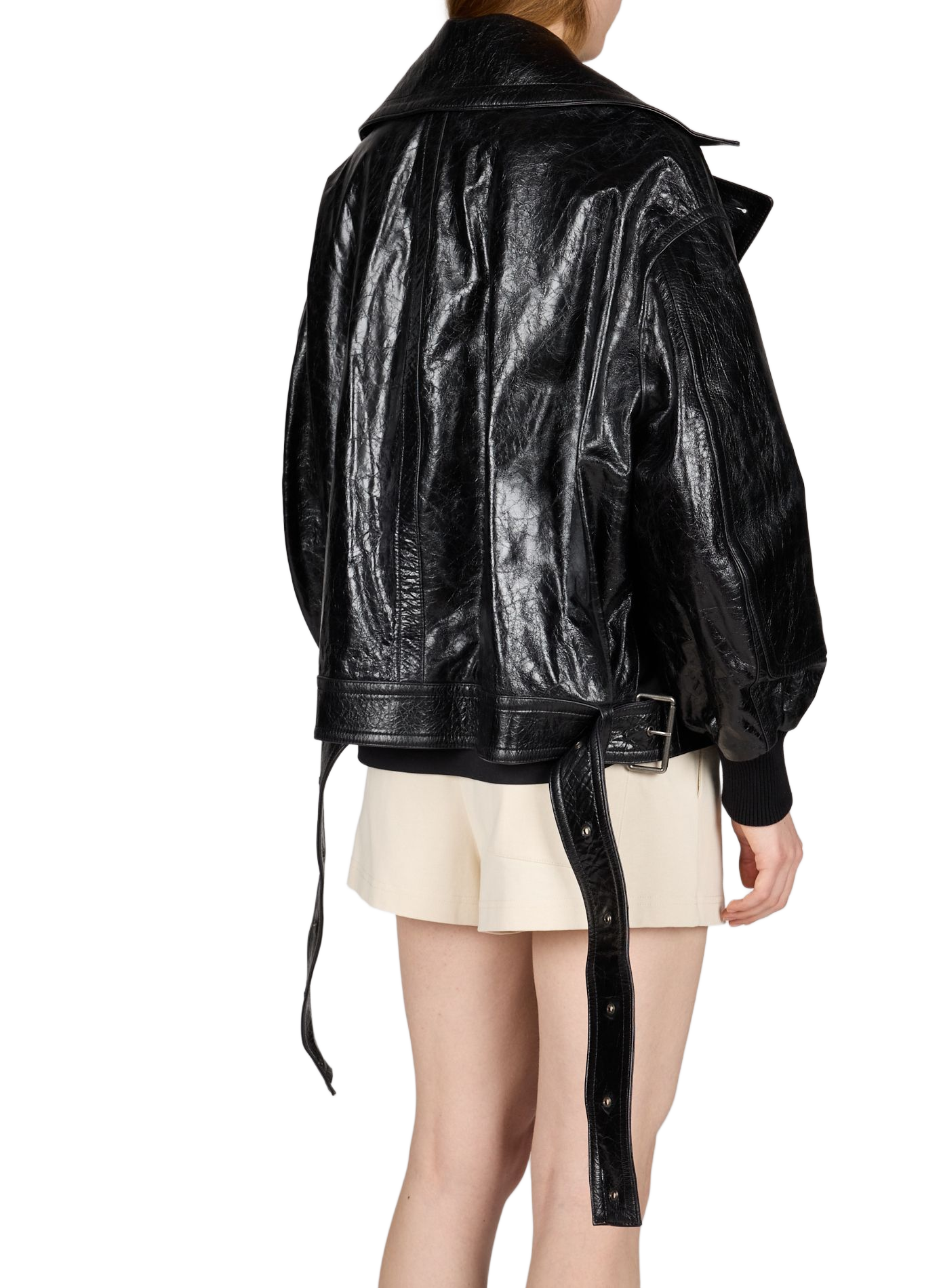 Jacket with crossover collar and cracked leather belt CO Black