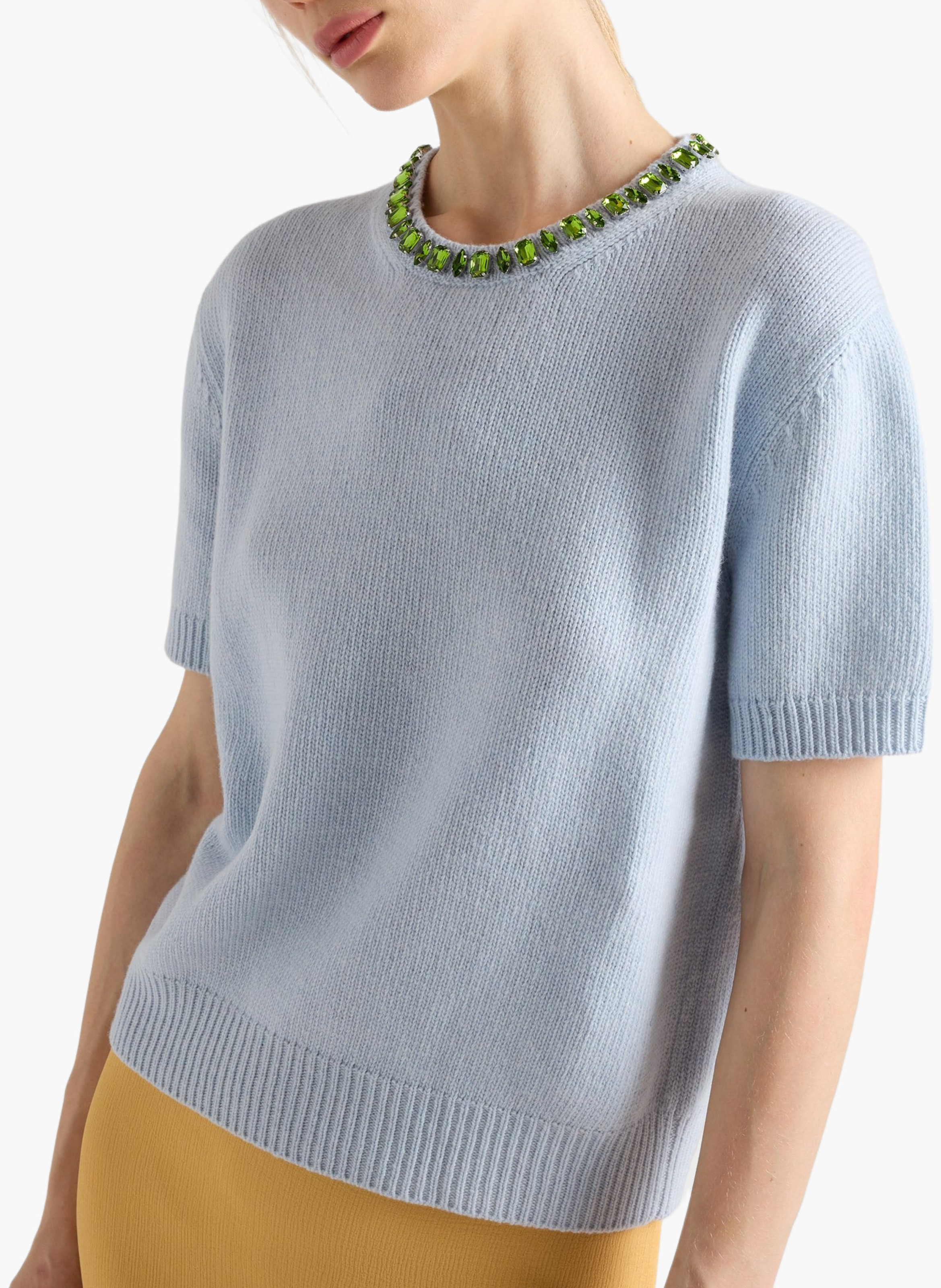 Pull à col rond en laine et cachemire PRADA Bleu