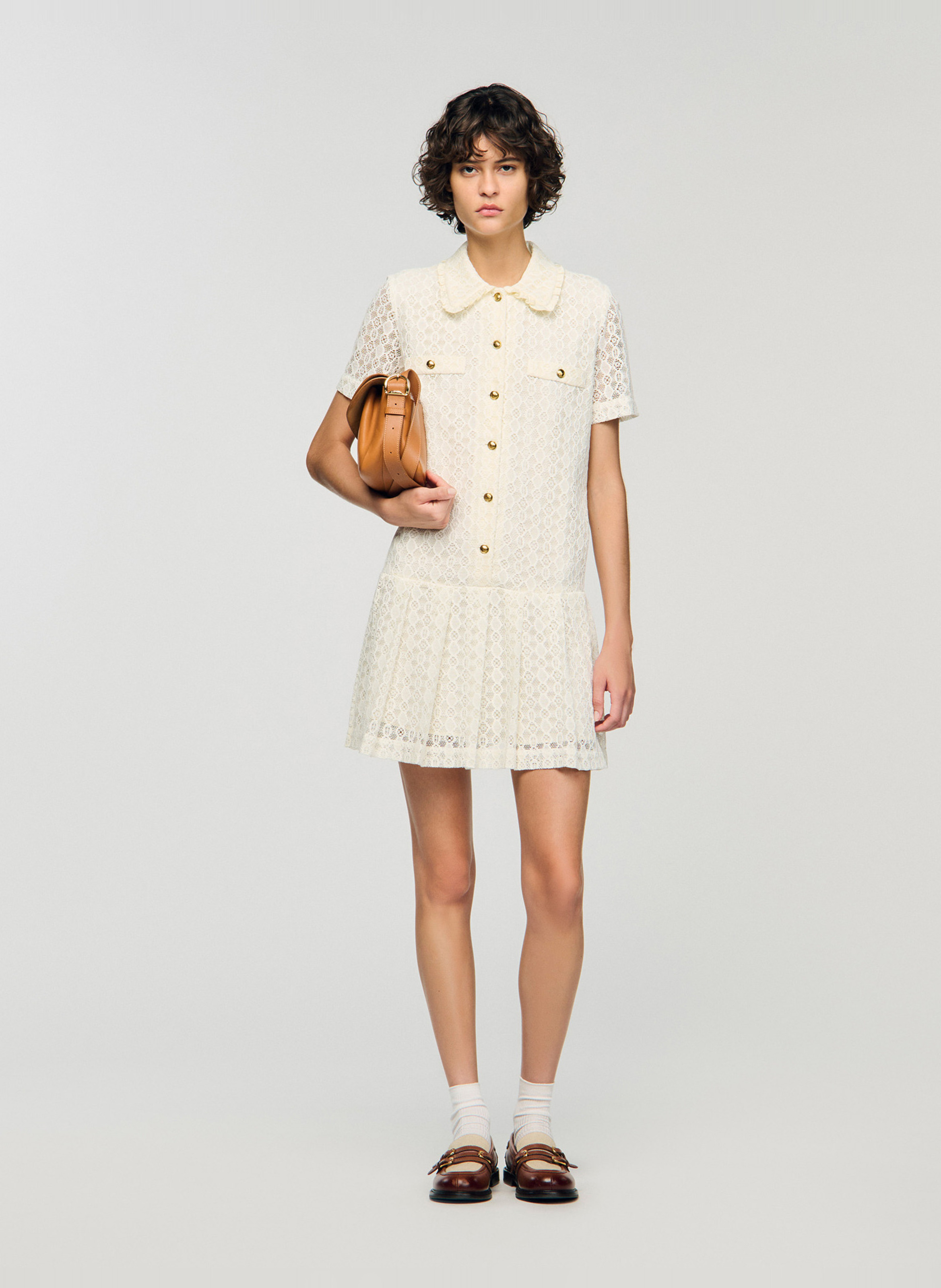 Robe courte col chemise en dentelle SANDRO Blanc