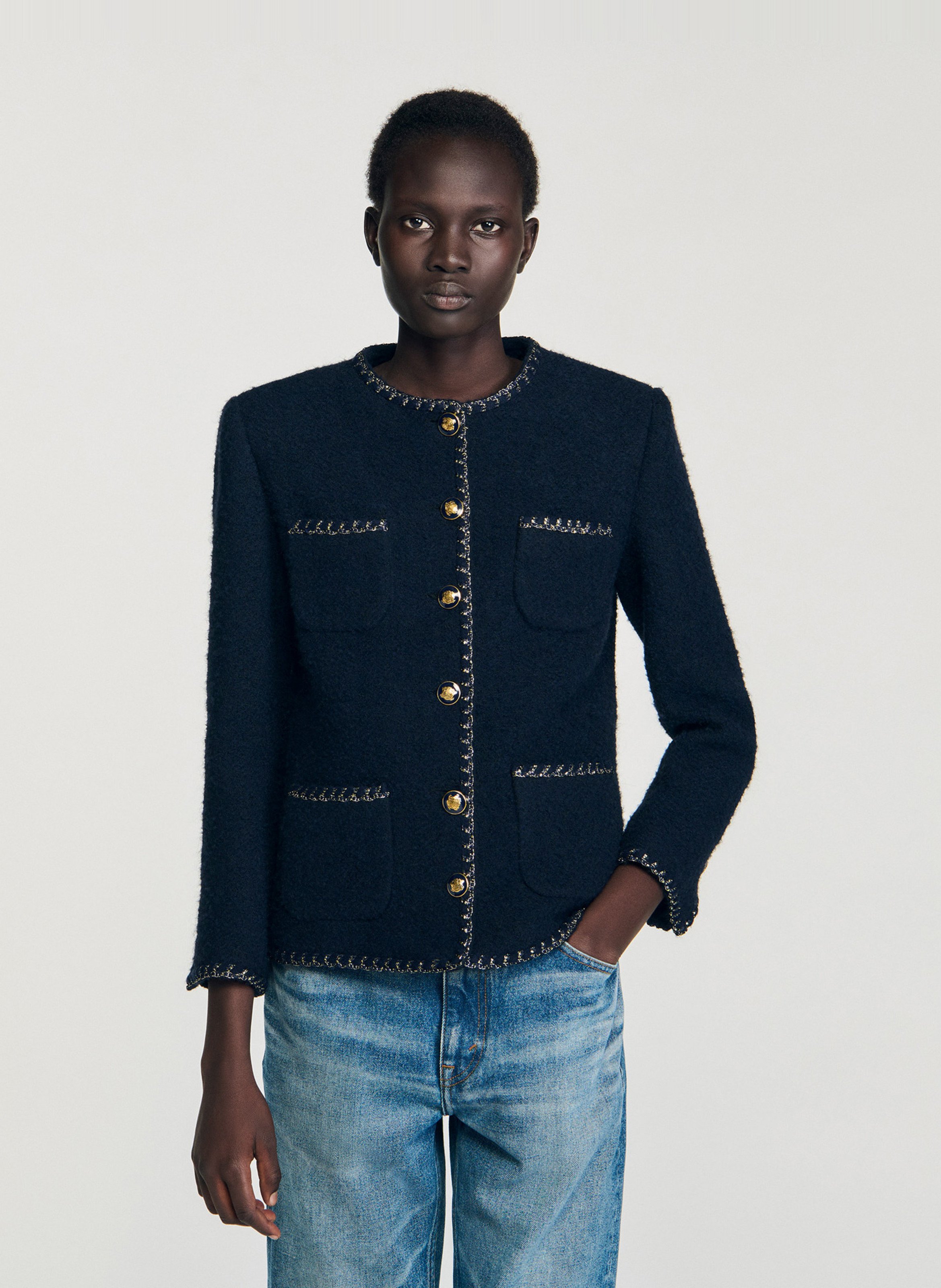 SANDRO Veste droit col montant en maille Bleu