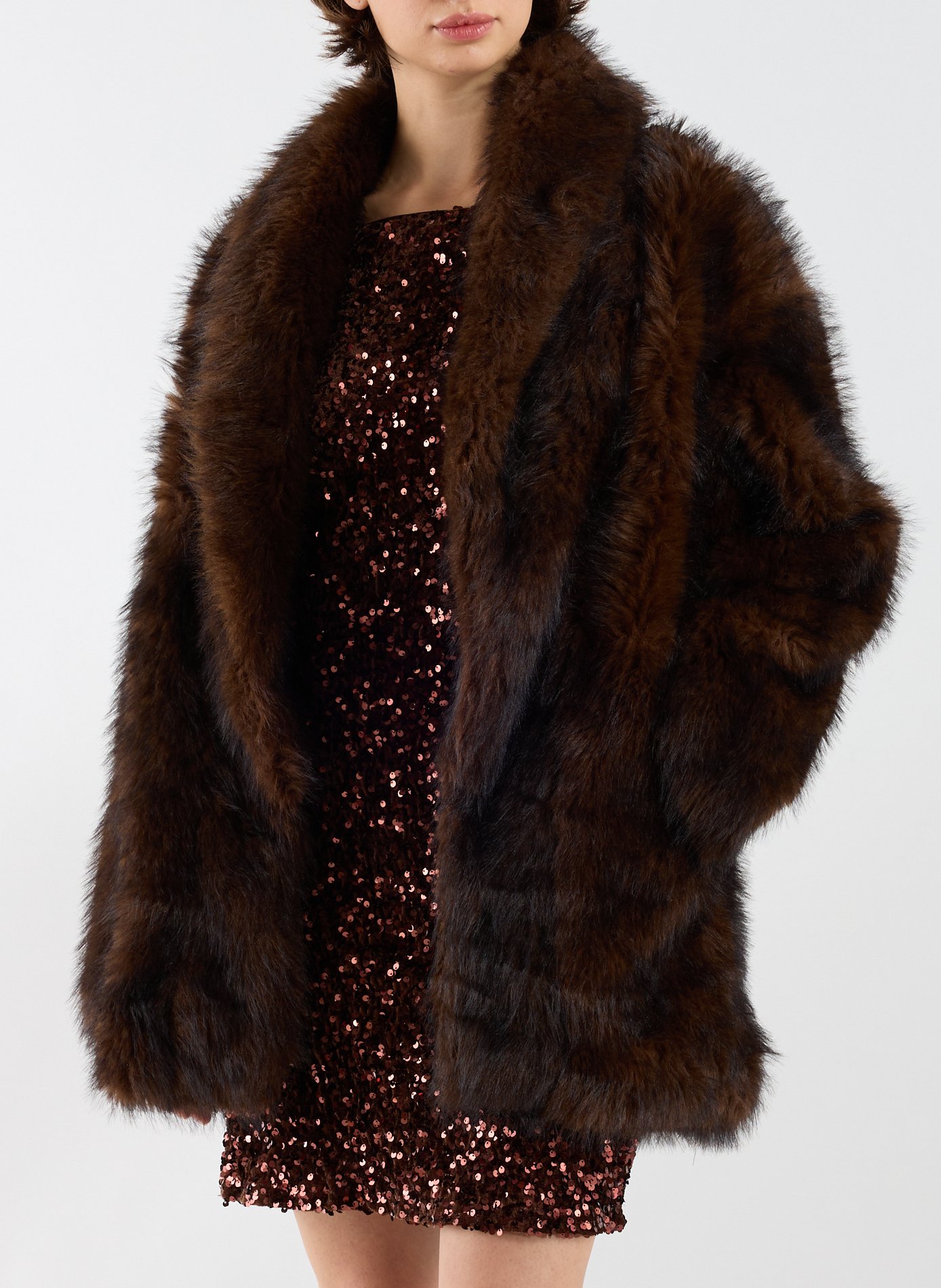 Manteau droit en fausse fourrure TOPSHOP Marron