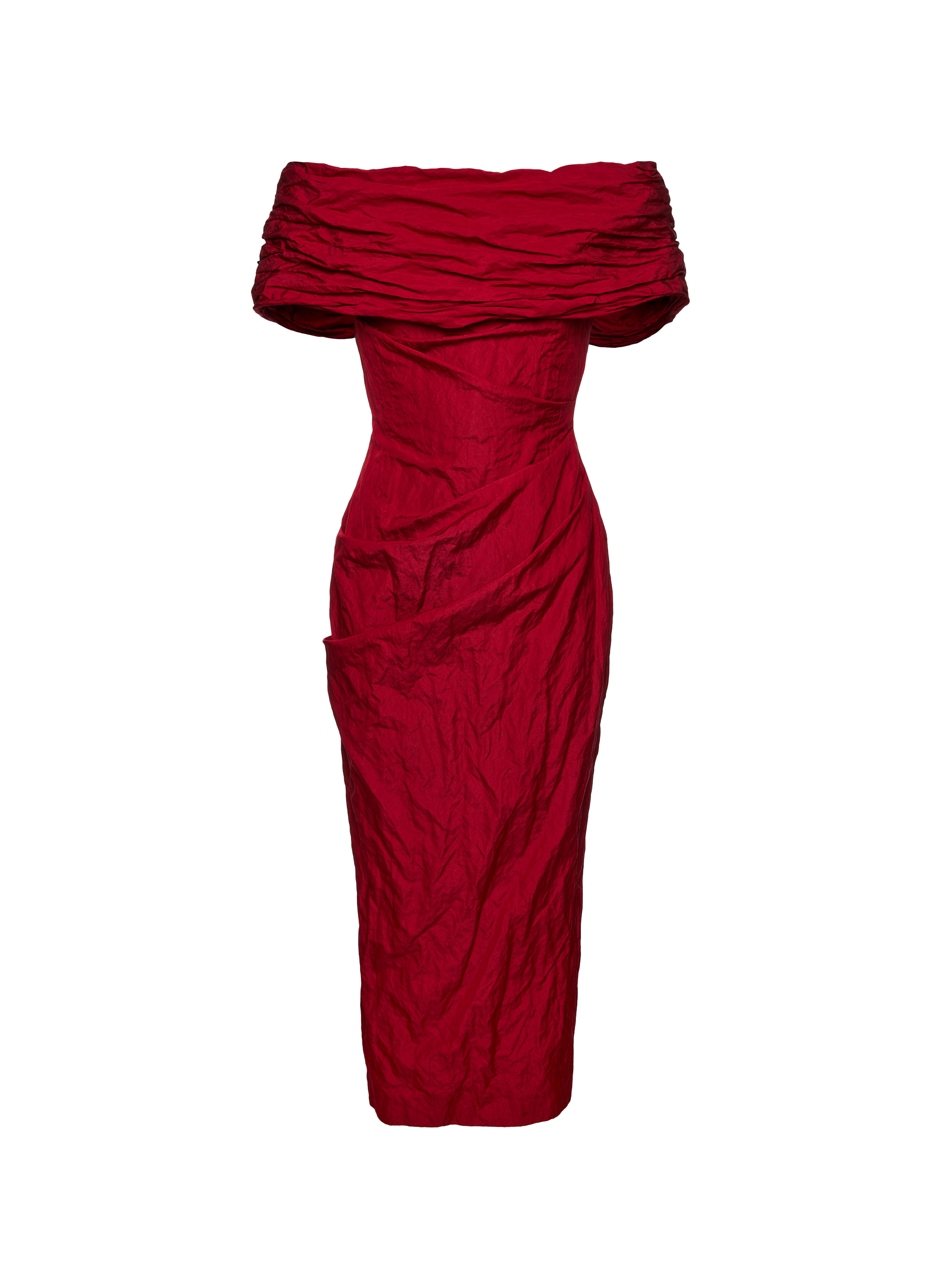 Midi draped dress with bardot neckline in blended cotton. MAGDA BUTRYM Red