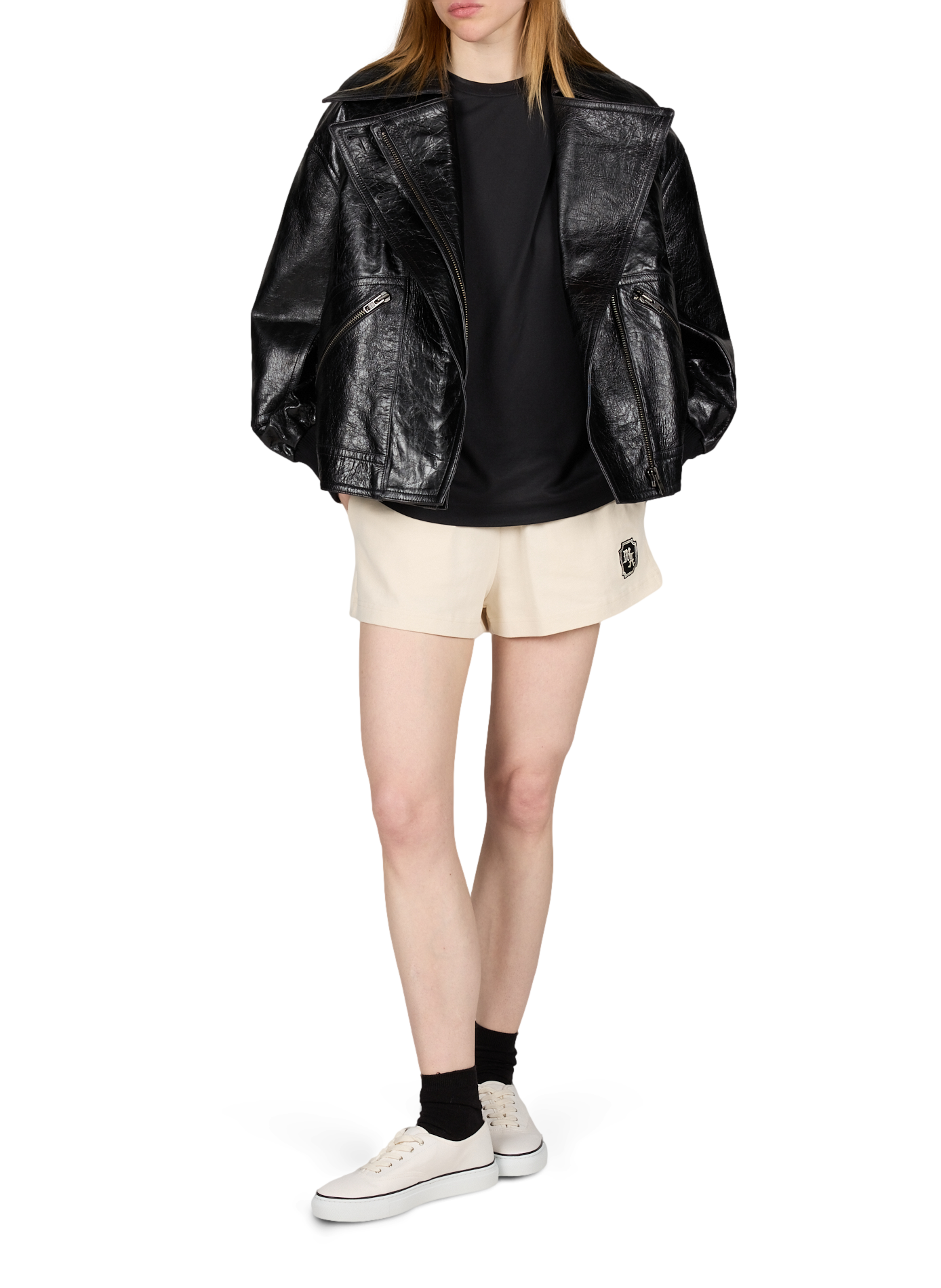 Jacket with crossover collar and cracked leather belt CO Black