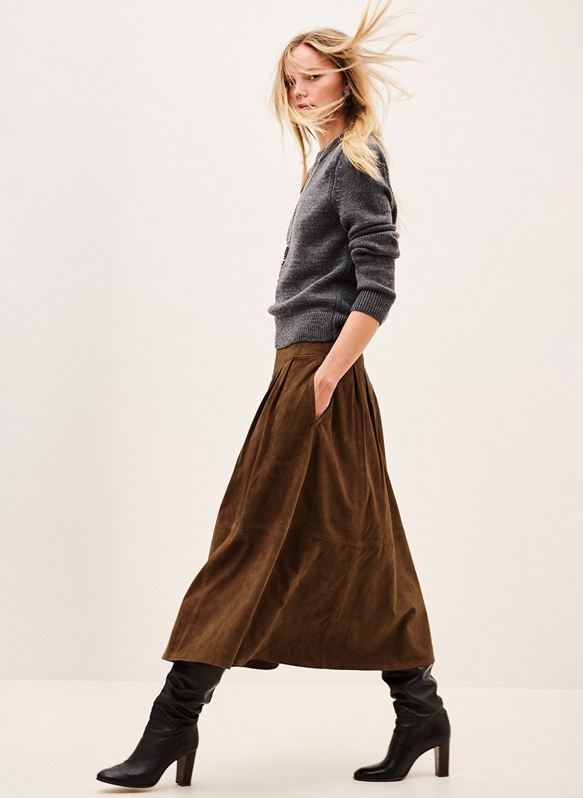 Jupe midi en daim nolly BA&SH Marron