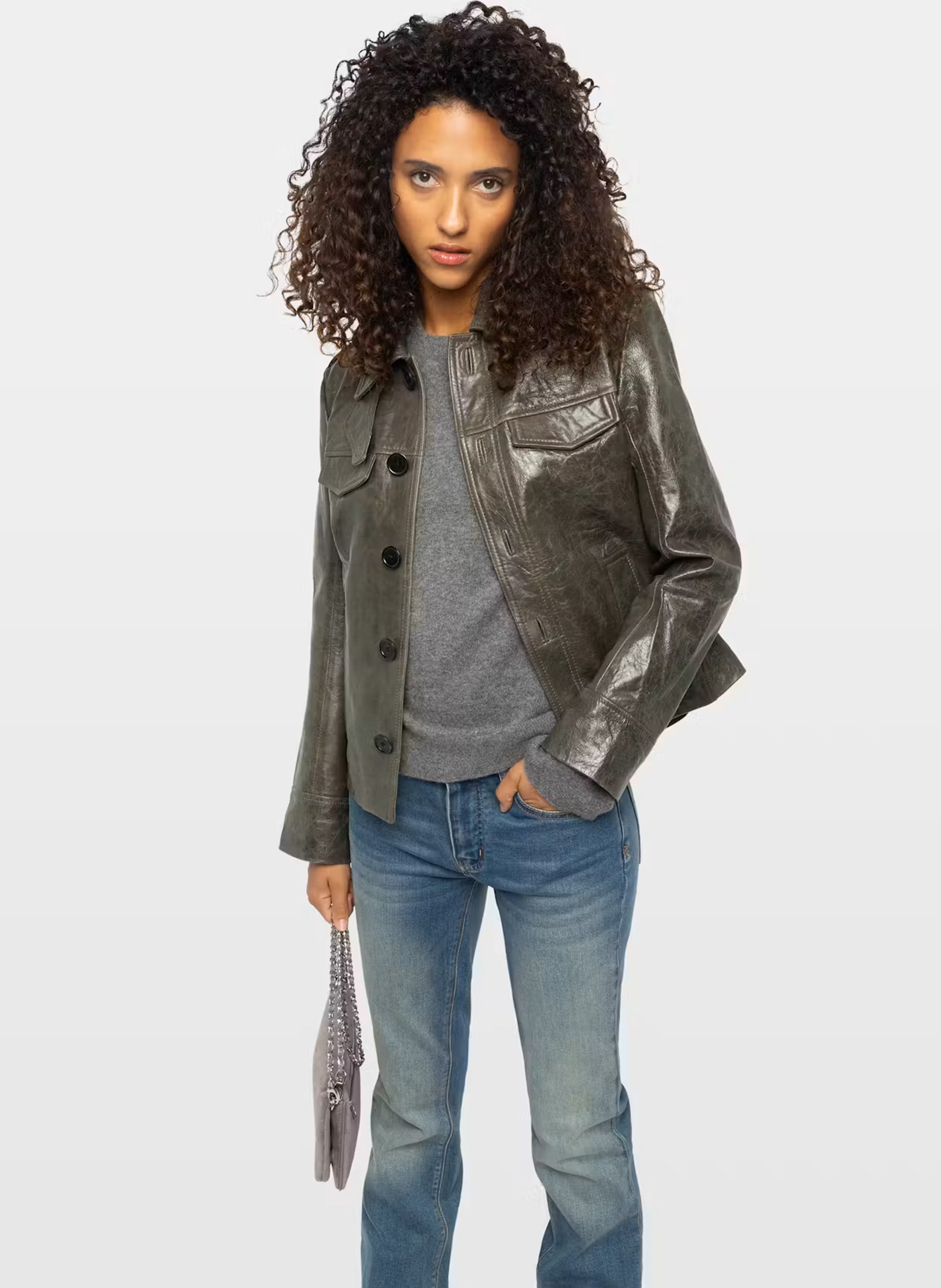 Veste droite boutonnée en cuir veram ZADIG&VOLTAIRE Gris