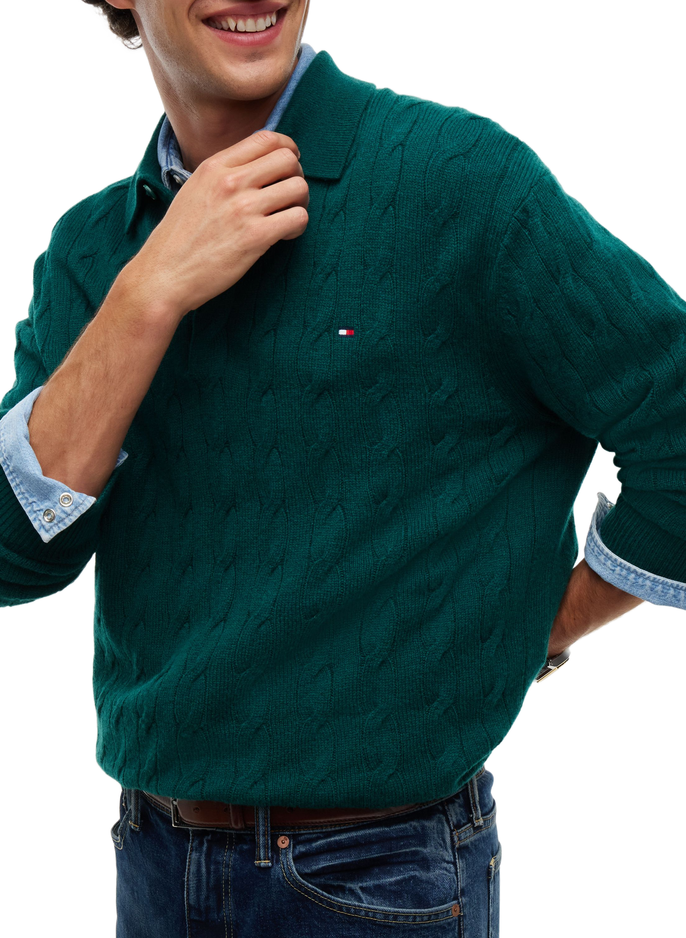 Straight-fit cable-knit wool polo-neck sweater TOMMY HILFIGER Green