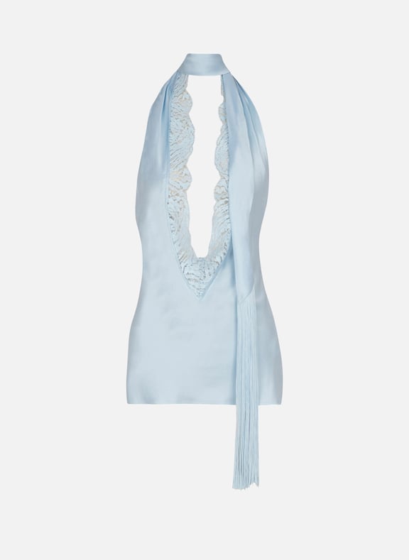 Top dos-nu en satin à franges Bleu by BALMAIN BALMAIN Top dos-nu en satin à franges Bleu