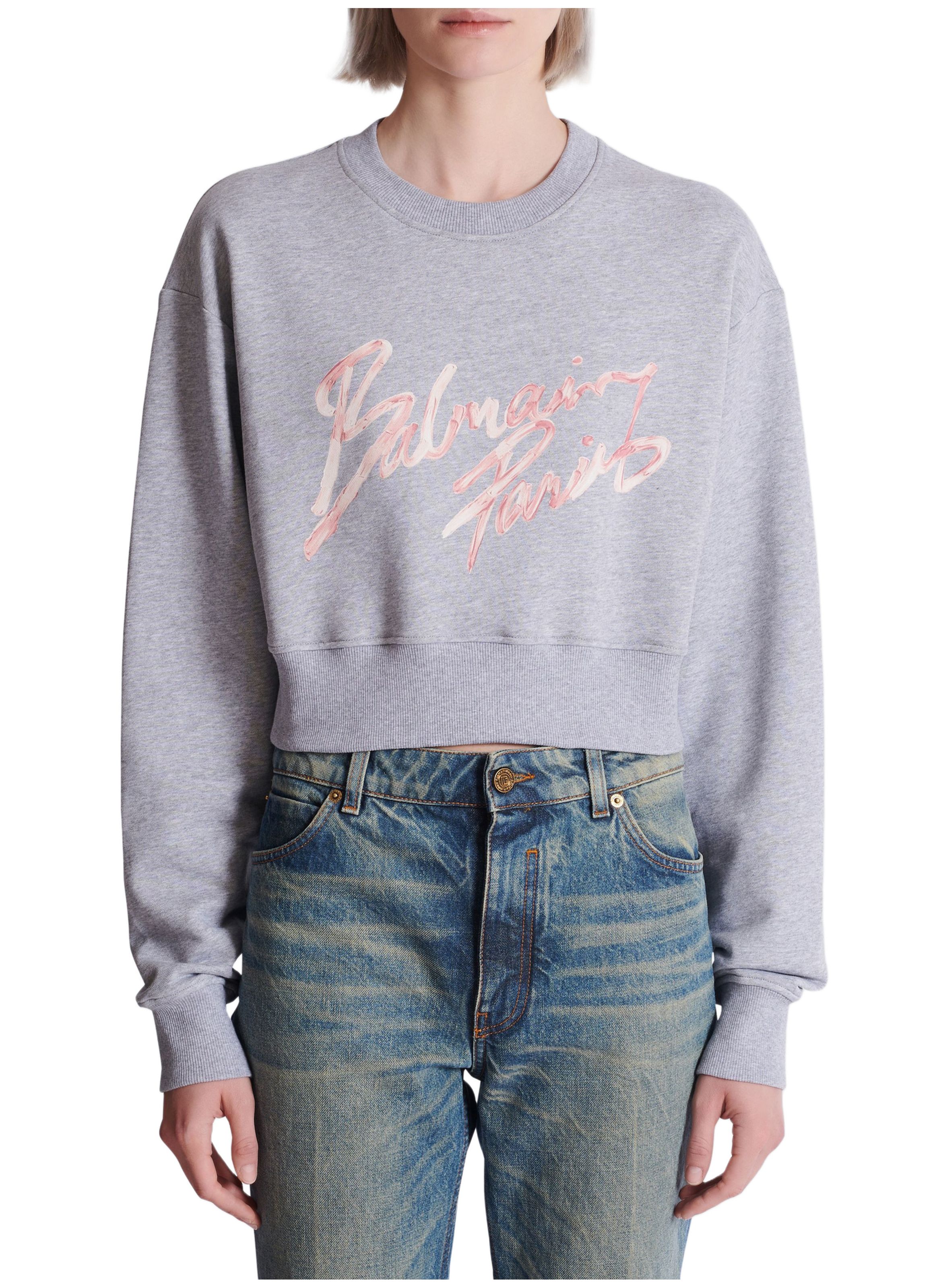 Sweatshirt court en coton à imprimé BALMAIN Gris