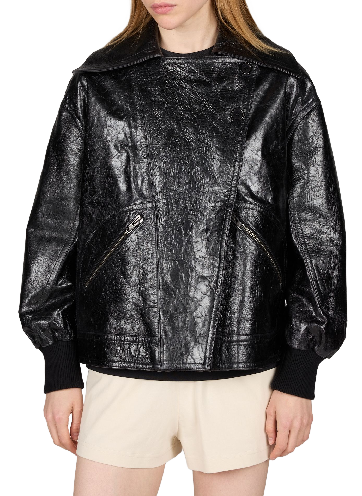 Jacket with crossover collar and cracked leather belt CO Black