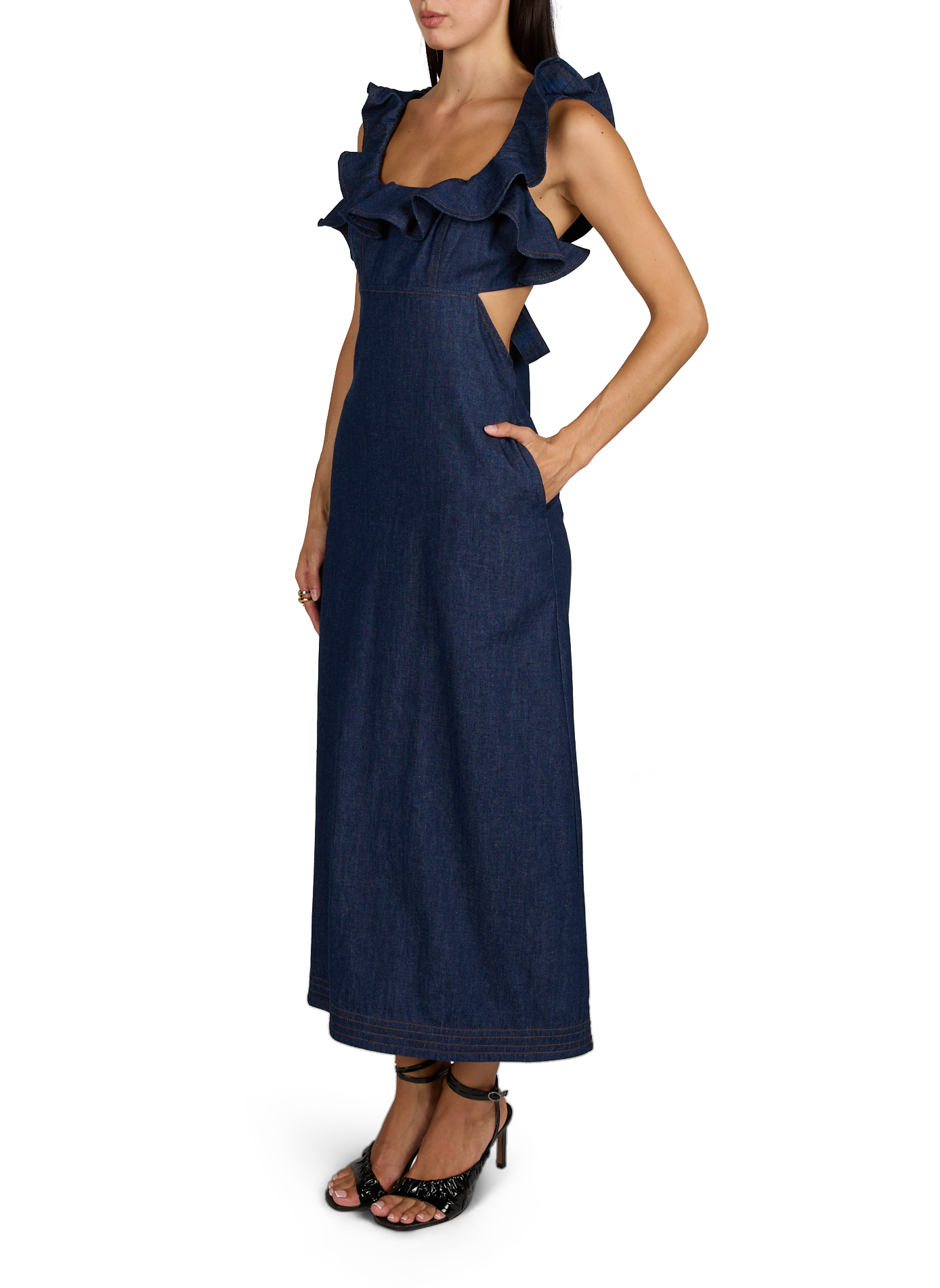 Robe midi à col volanté et dos nu à nouer en coton ZIMMERMANN Bleu