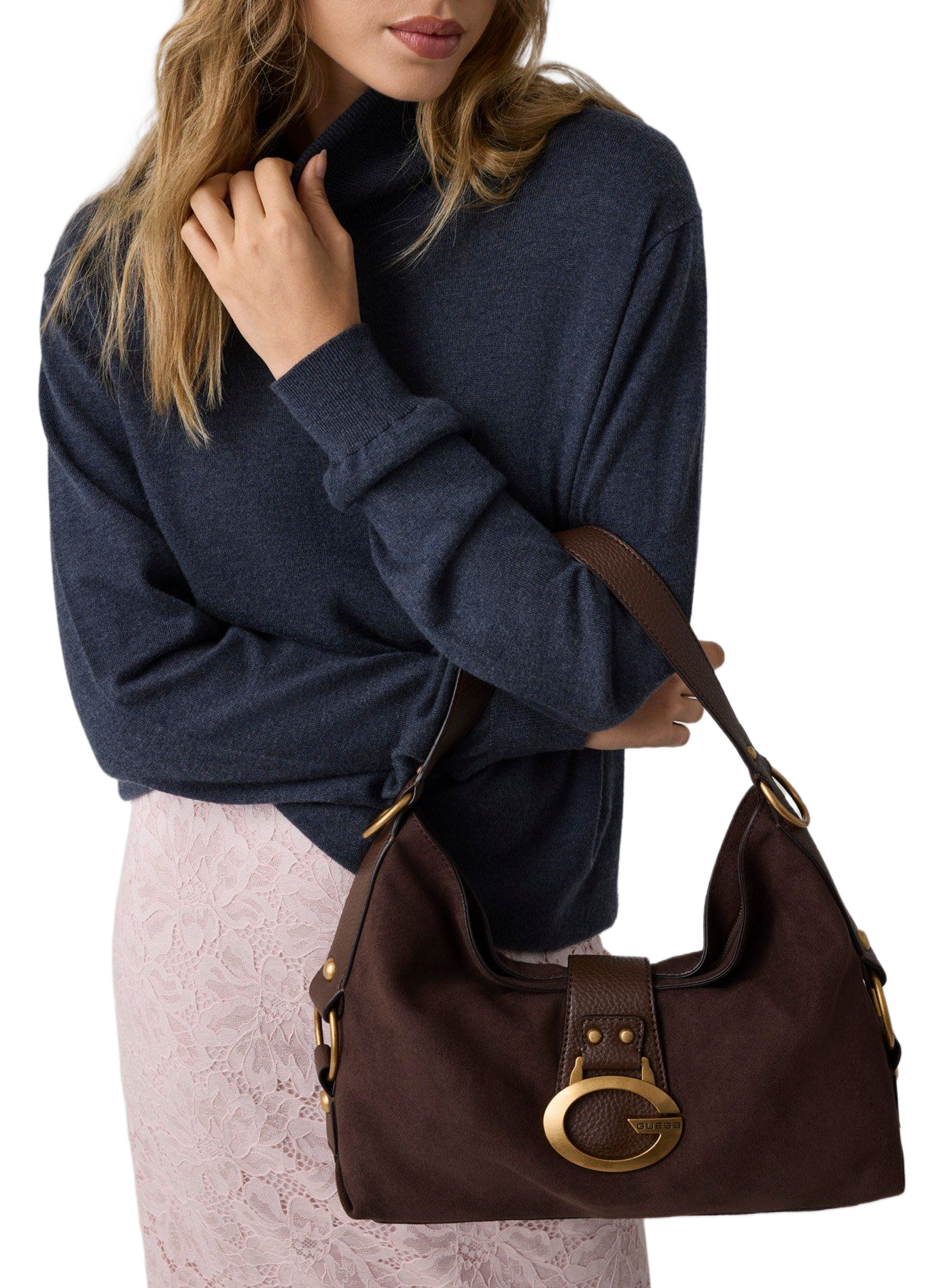 Sac porté épaule en daim à détails dorés GUESS Marron