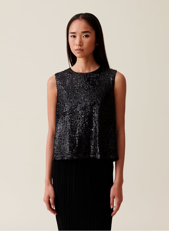 Top droit col rond à sequins Noir by CLAUDIE PIERLOT CLAUDIE PIERLOT Top droit col rond à sequins Noir