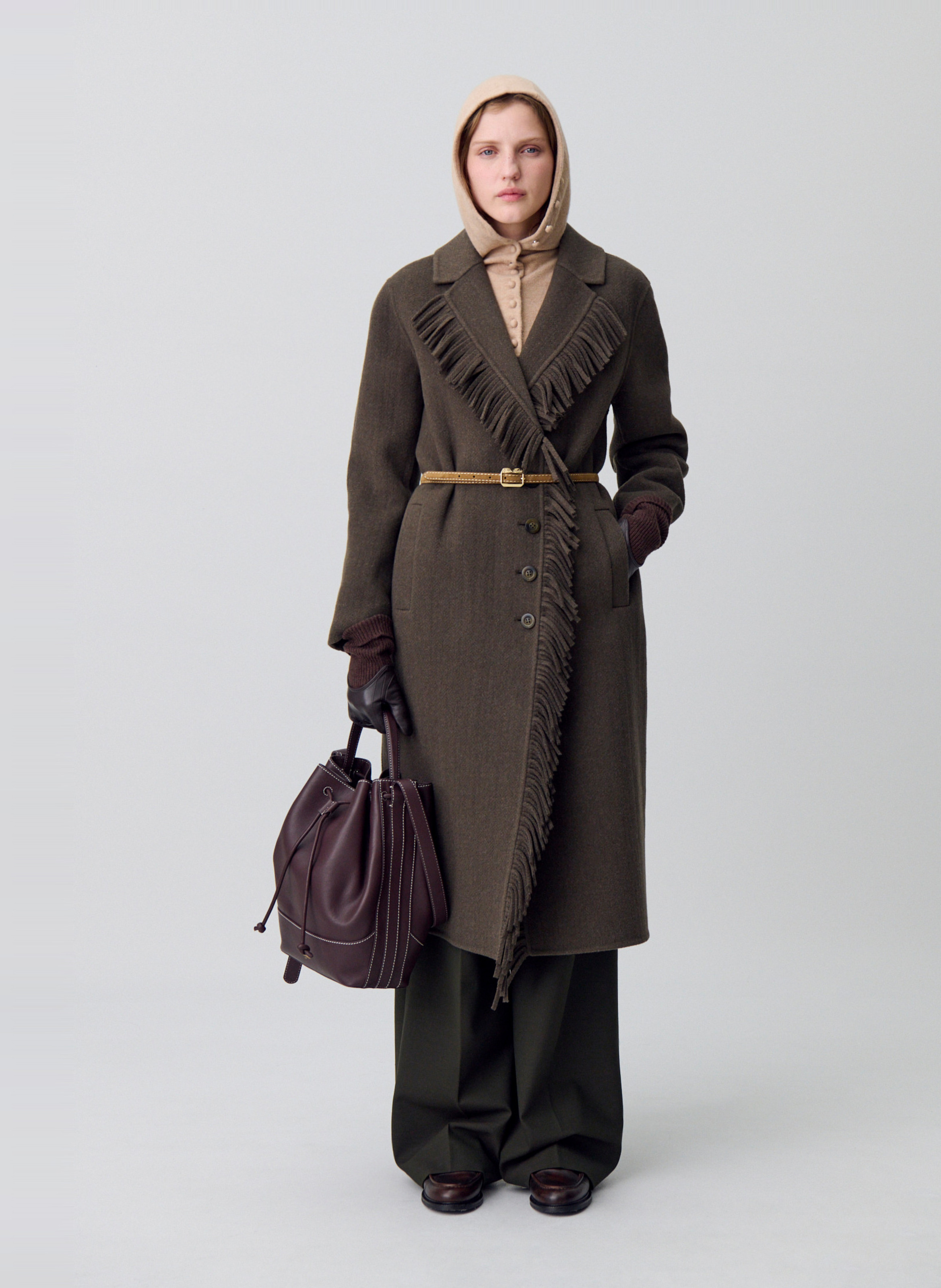 Manteau court col v en laine mélangée grazia CLAUDIE PIERLOT Kaki