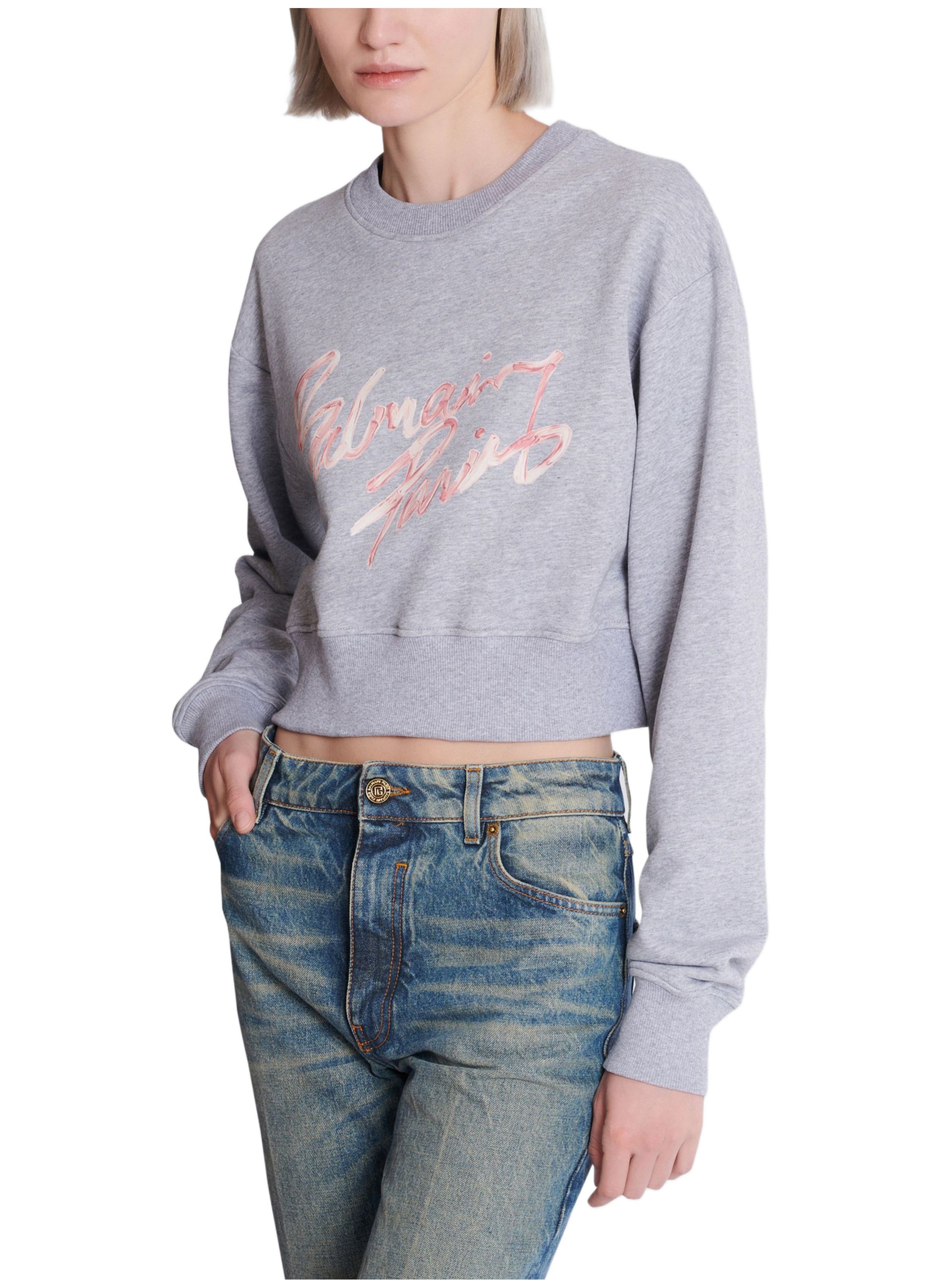 Sweatshirt court en coton à imprimé BALMAIN Gris