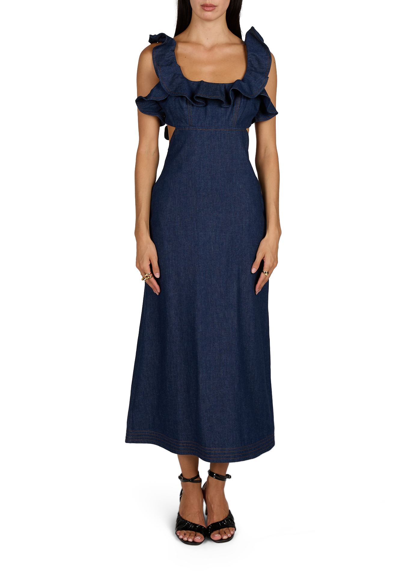 Robe midi à col volanté et dos nu à nouer en coton ZIMMERMANN Bleu
