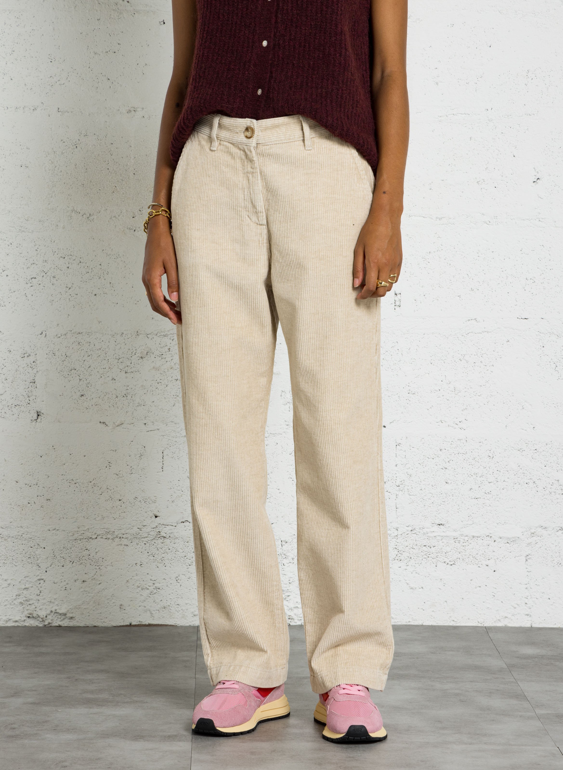 Pantalon droit en coton et lin côtelé ARMOR-LUX Beige