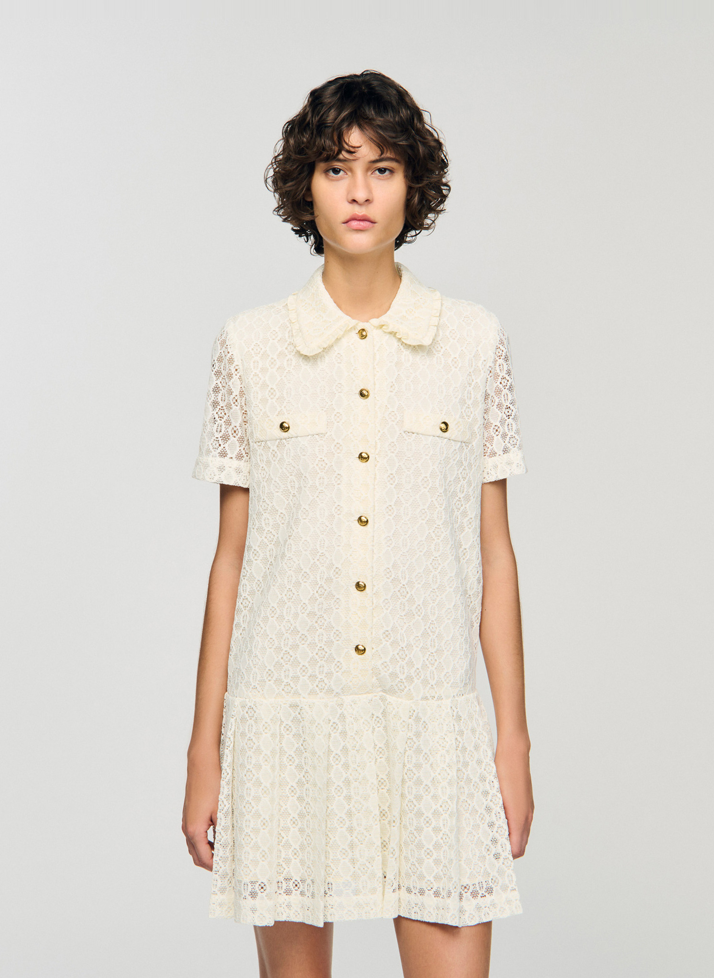 Robe courte col chemise en dentelle SANDRO Blanc