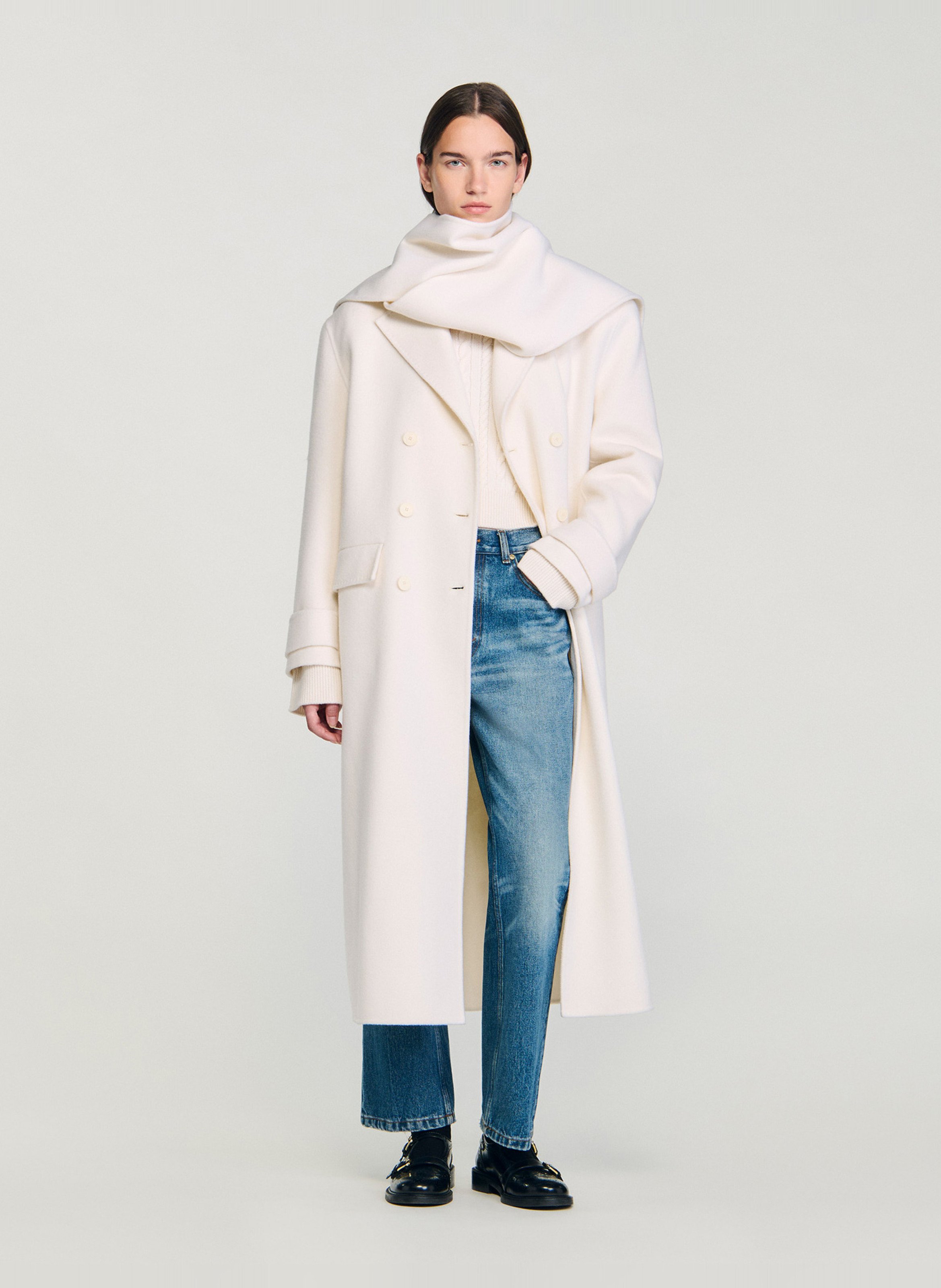 SANDRO Manteau col à écharpe en laine Blanc