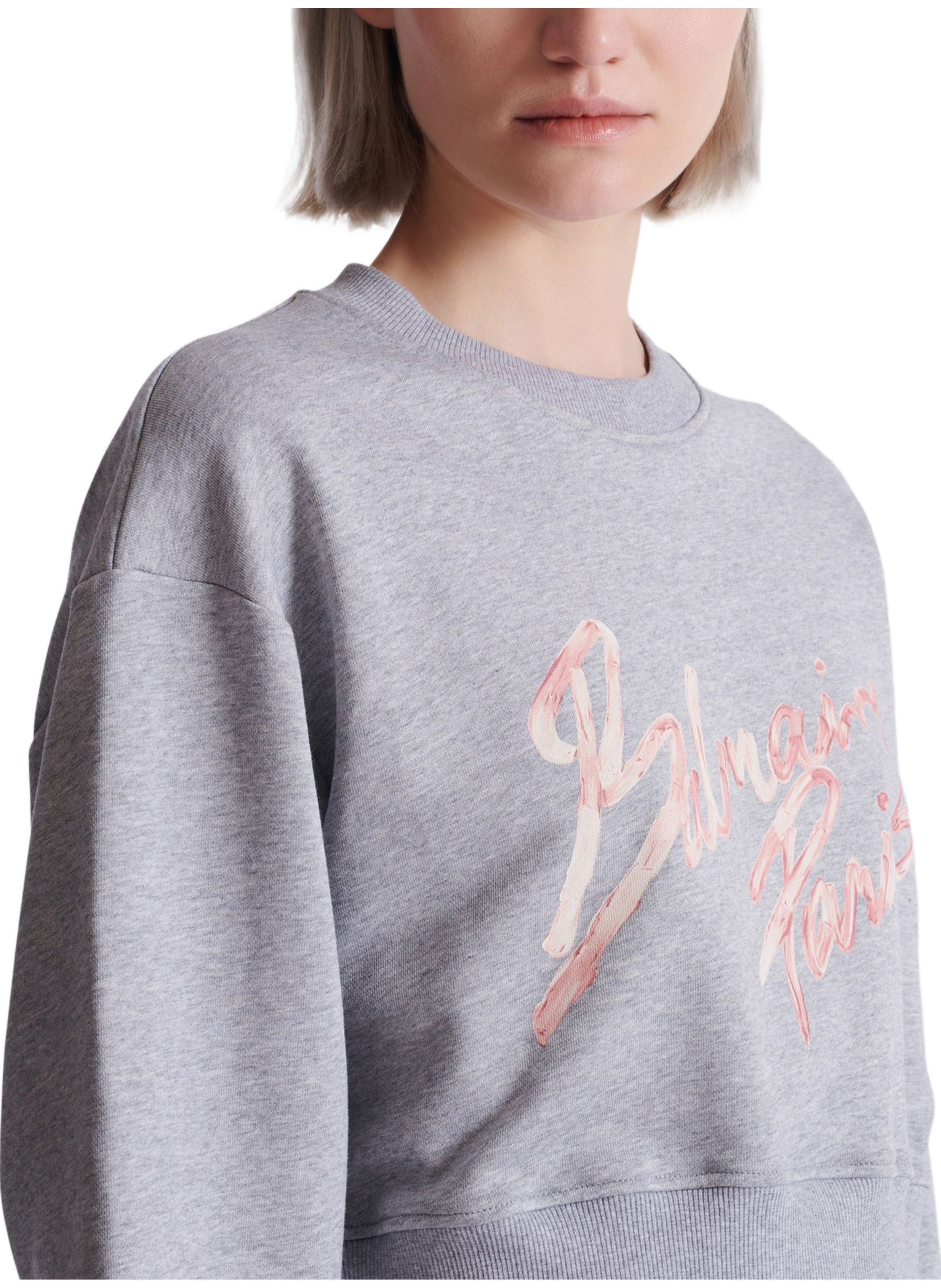 Sweatshirt court en coton à imprimé BALMAIN Gris
