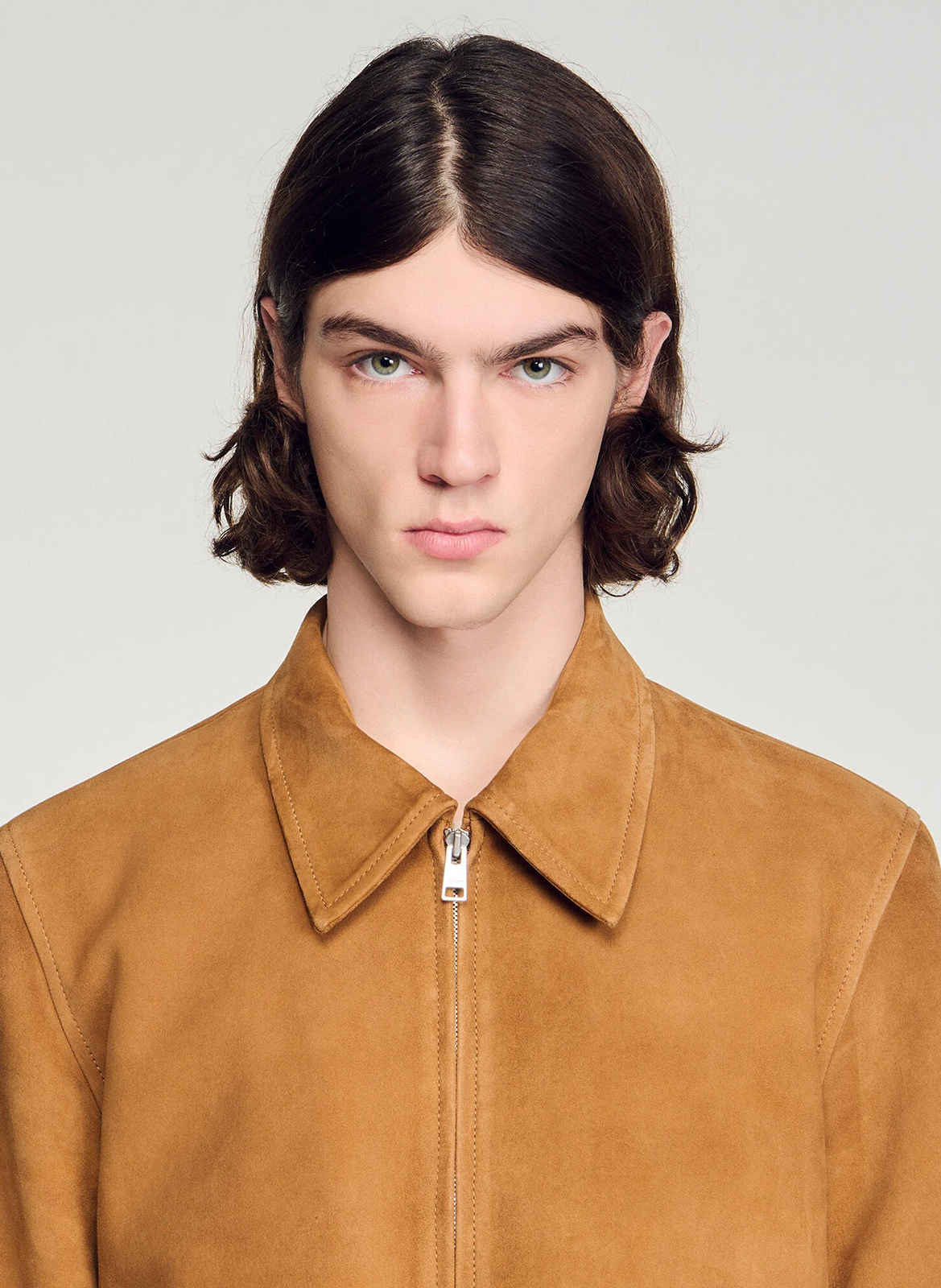 Blouson col classique en cuir SANDRO Marron