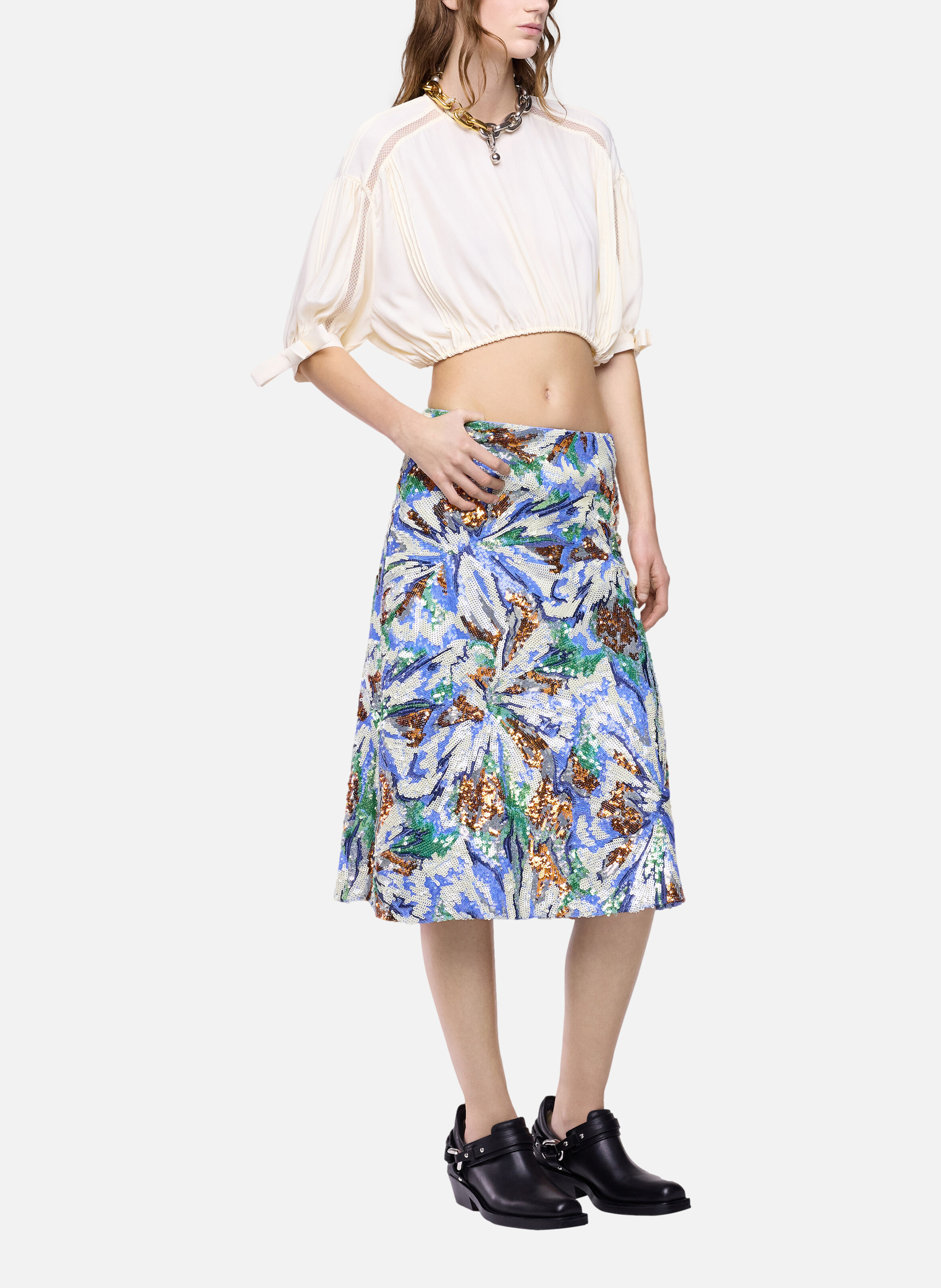 Jupe midi avec broderie de sequins en forme de fleurs RABANNE Bleu