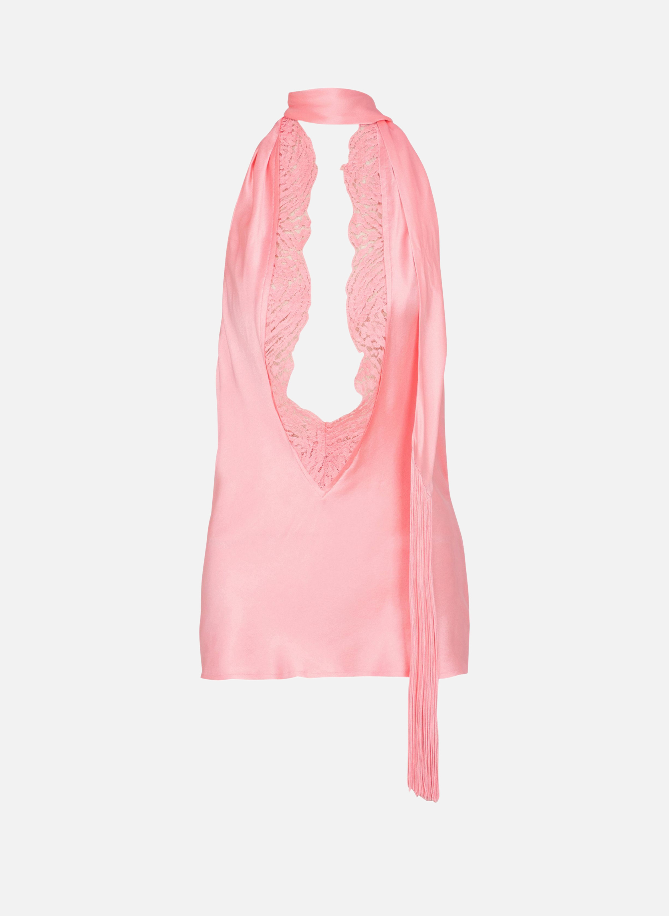 BALMAIN Top dos-nu en satin à franges Rose