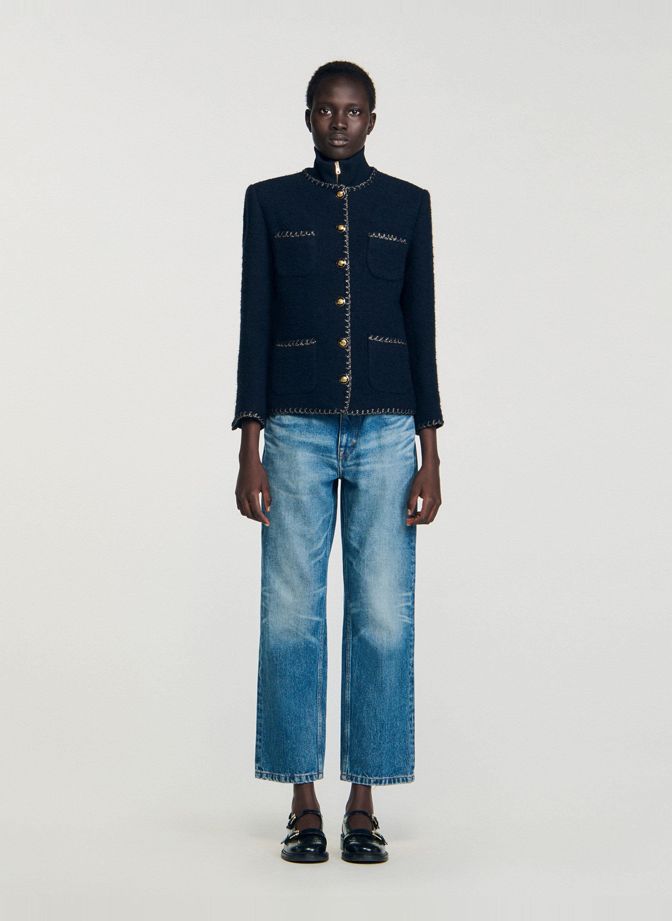 Veste droit col montant en maille SANDRO Bleu