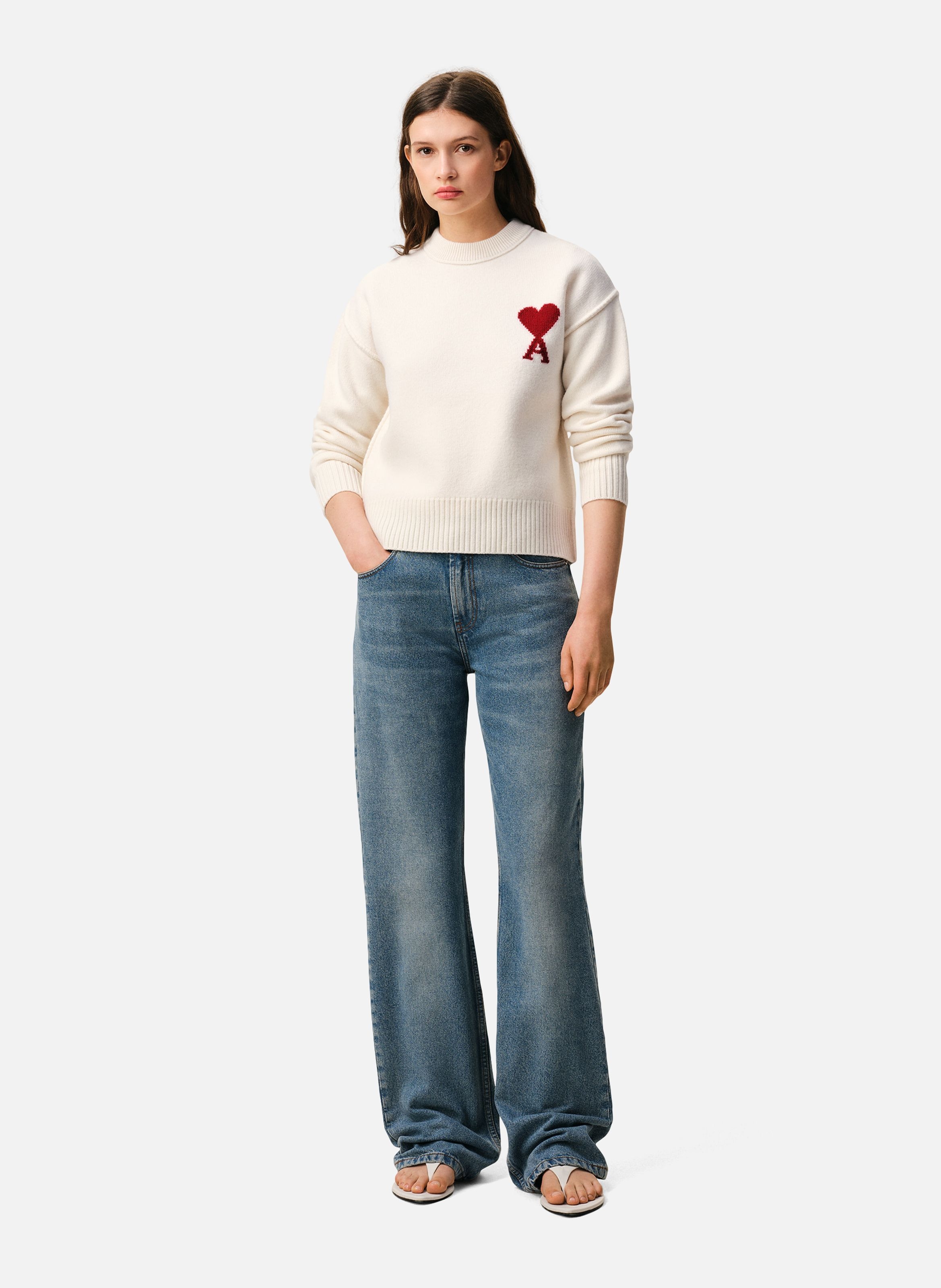 Pull Col Rond Ami De Coeur En Laine unisexe AMI PARIS Blanc