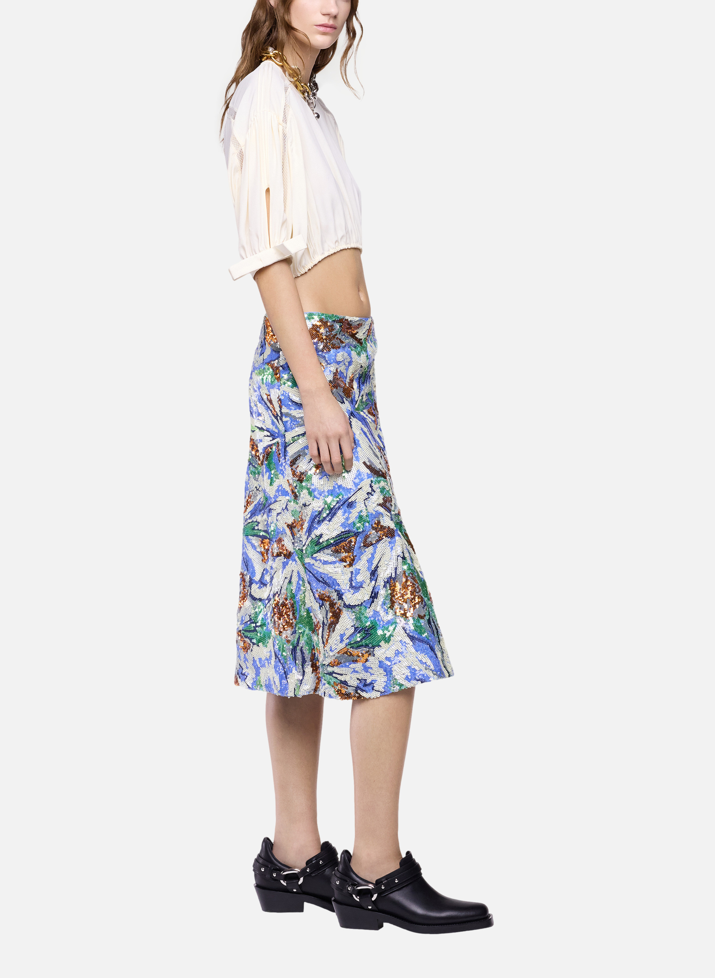 Jupe midi avec broderie de sequins en forme de fleurs RABANNE Bleu