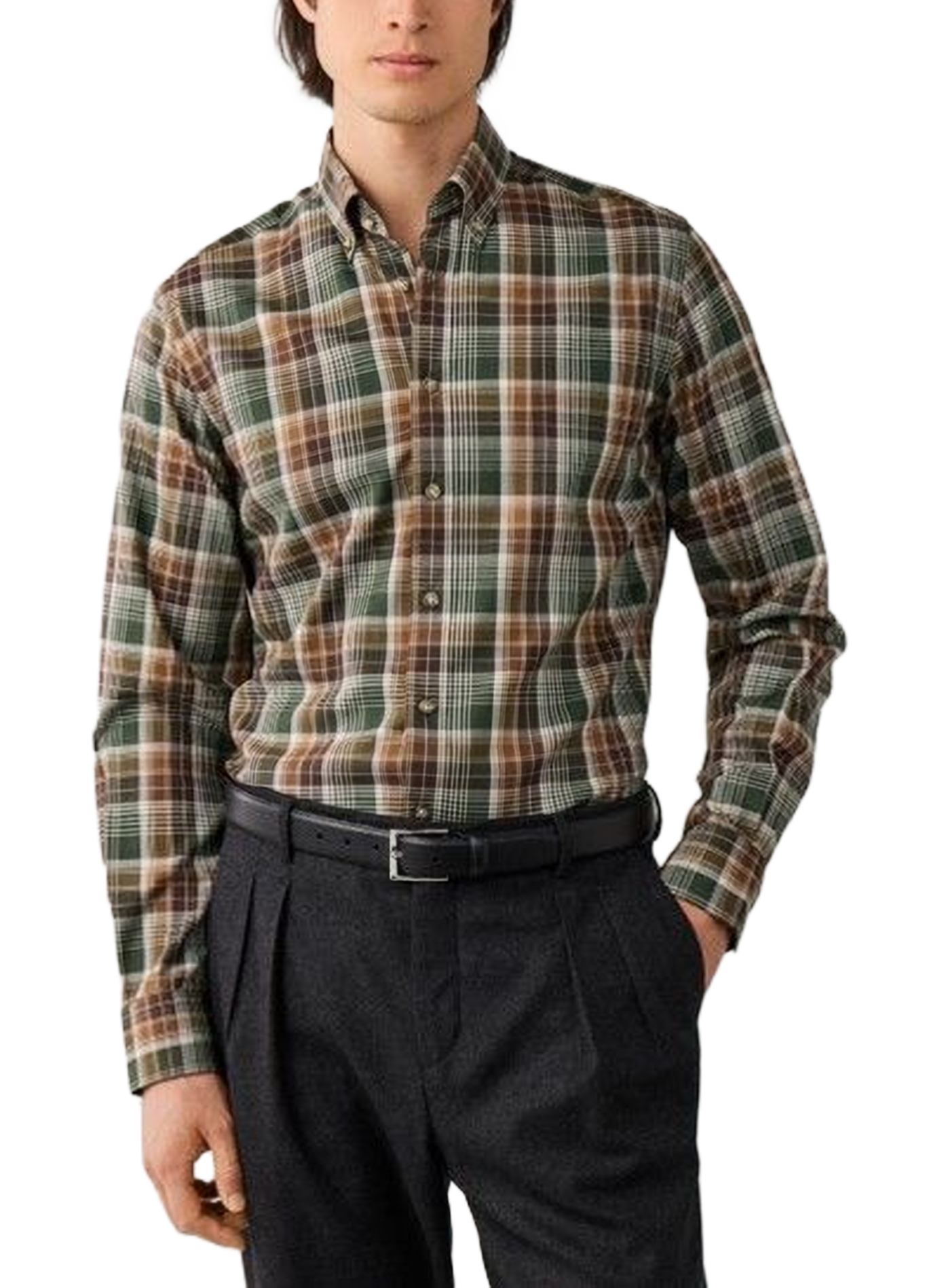 Gerade geschnittenes Baumwollhemd mit Button-down-Kragen und Karomuster HACKETT Khaki
