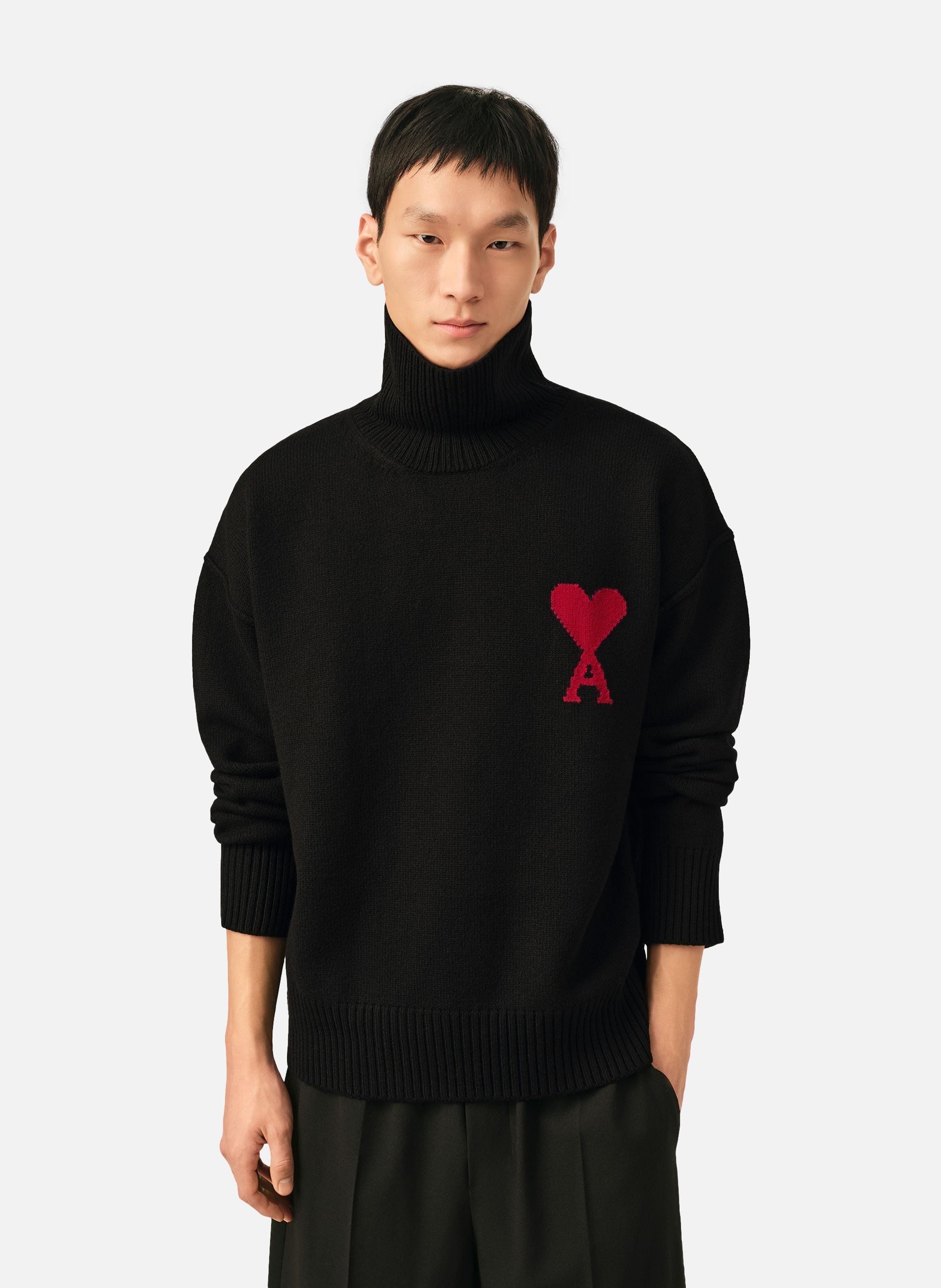 Pull col cheminée ami de coeur en laine unisexe AMI PARIS Noir