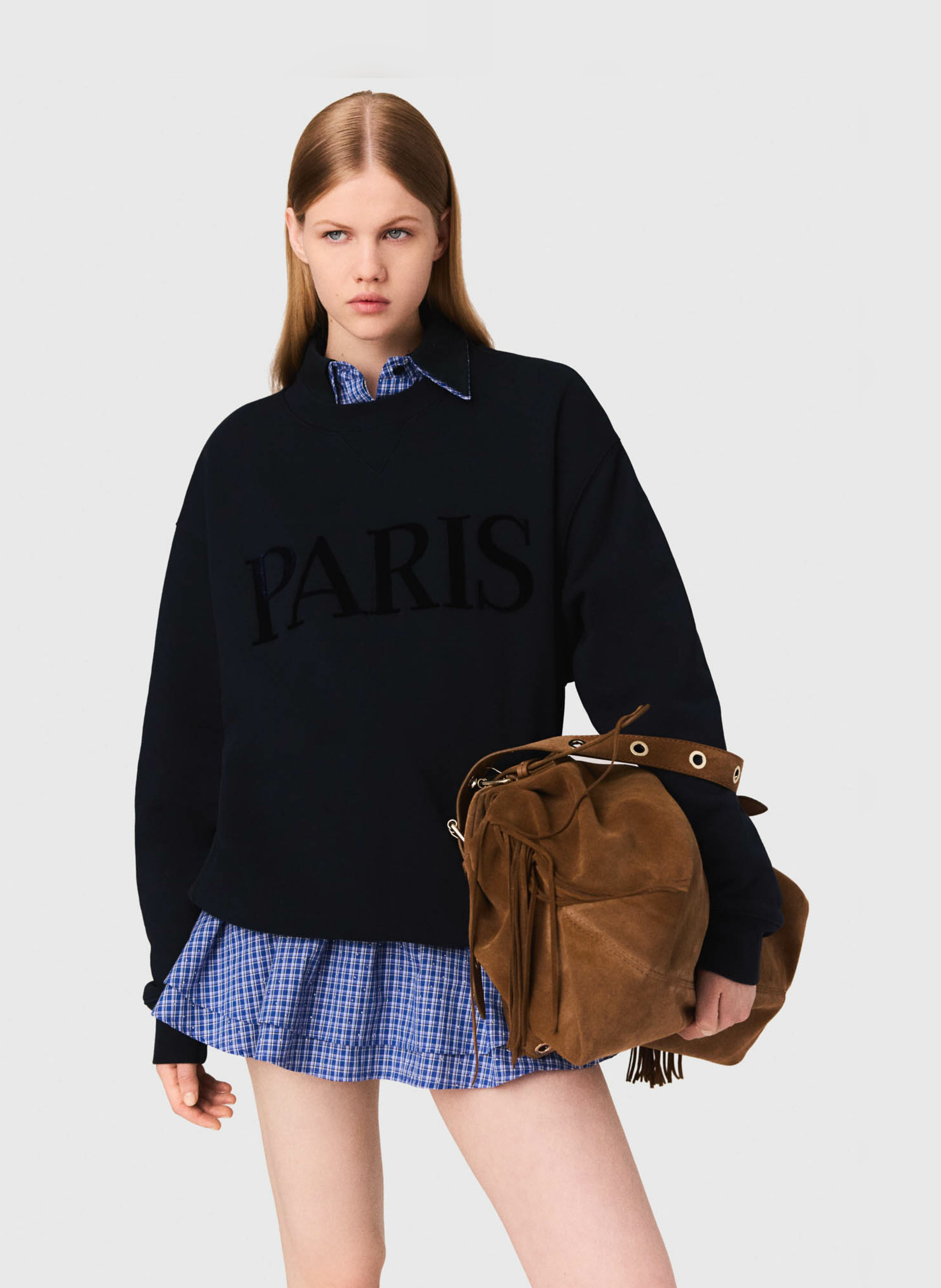 MAJE Sweat droit col rond en coton brodé Bleu