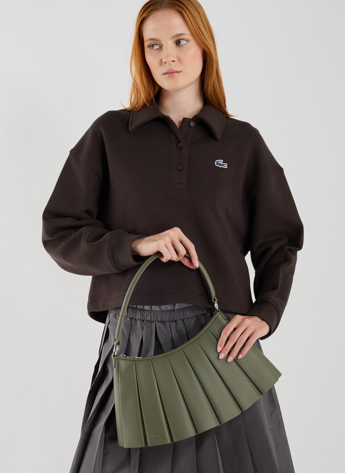 Sac moyen Lenglen plissé en cuir LACOSTE Kaki