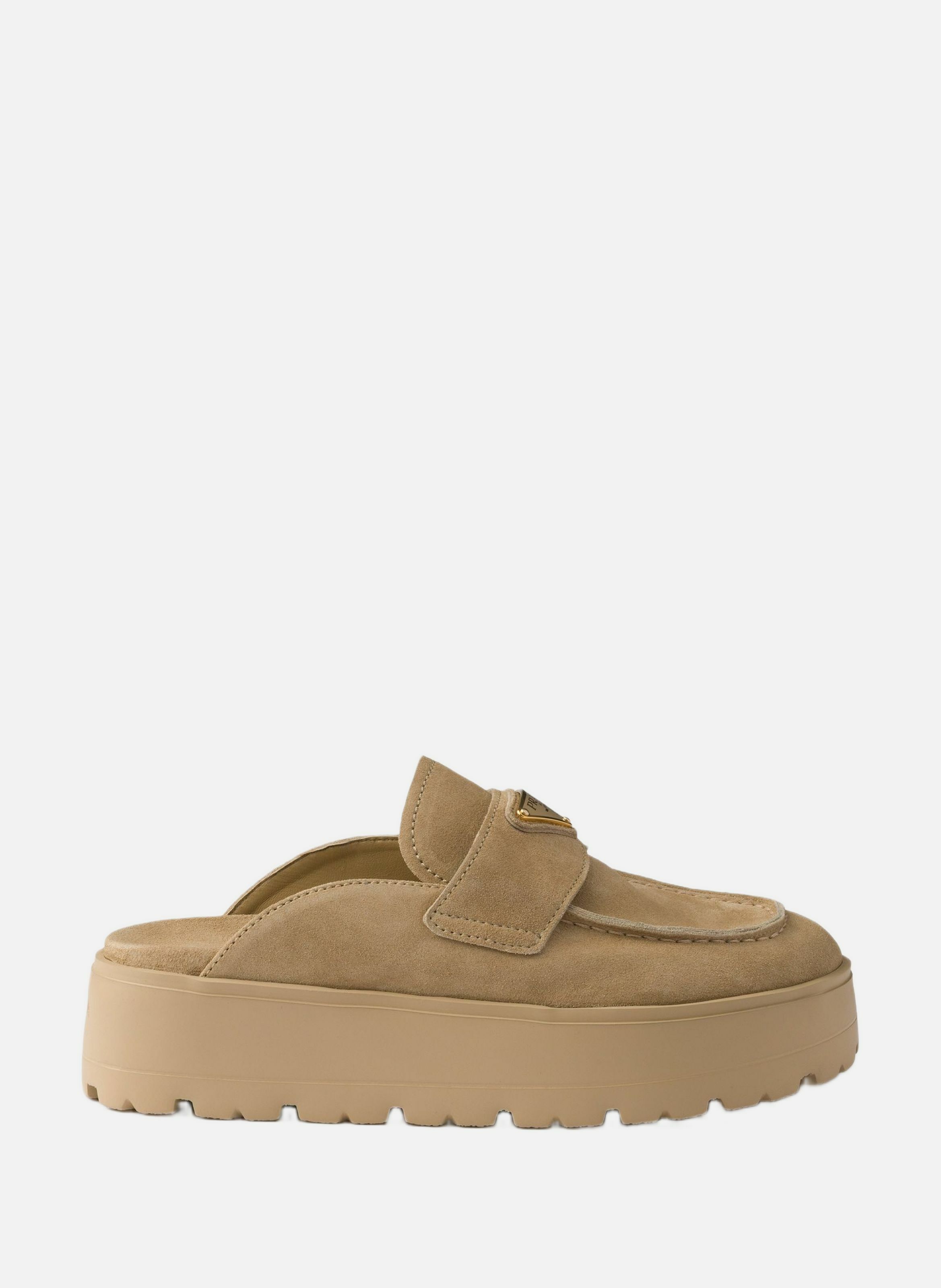 Mules à plateforme plate en veau velours PRADA Beige