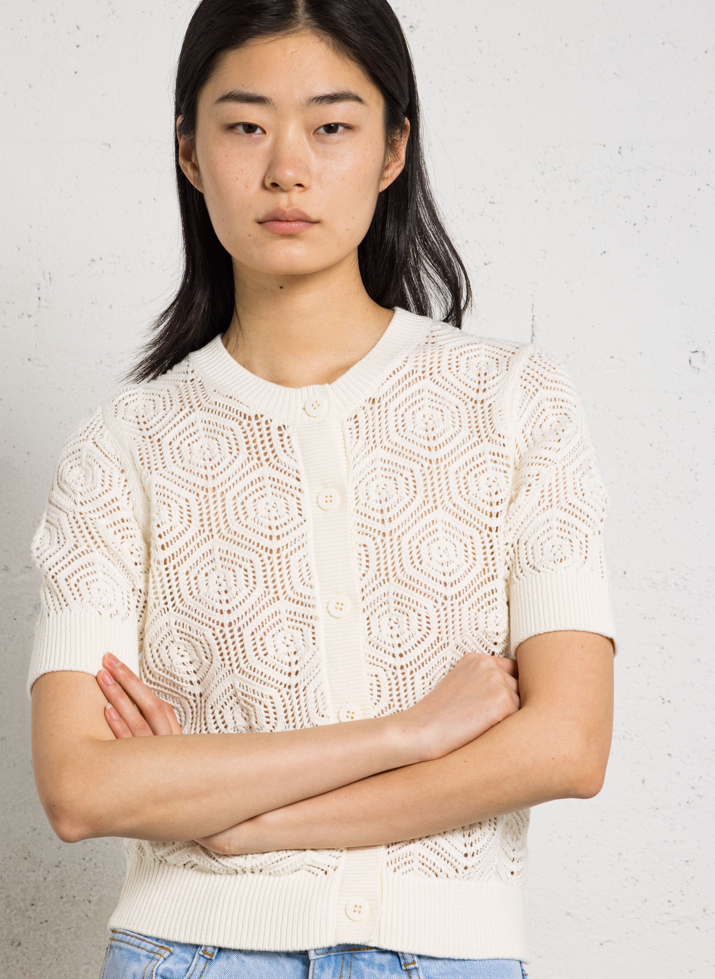 Gilet droit col rond en coton plume MAISON 123 Beige