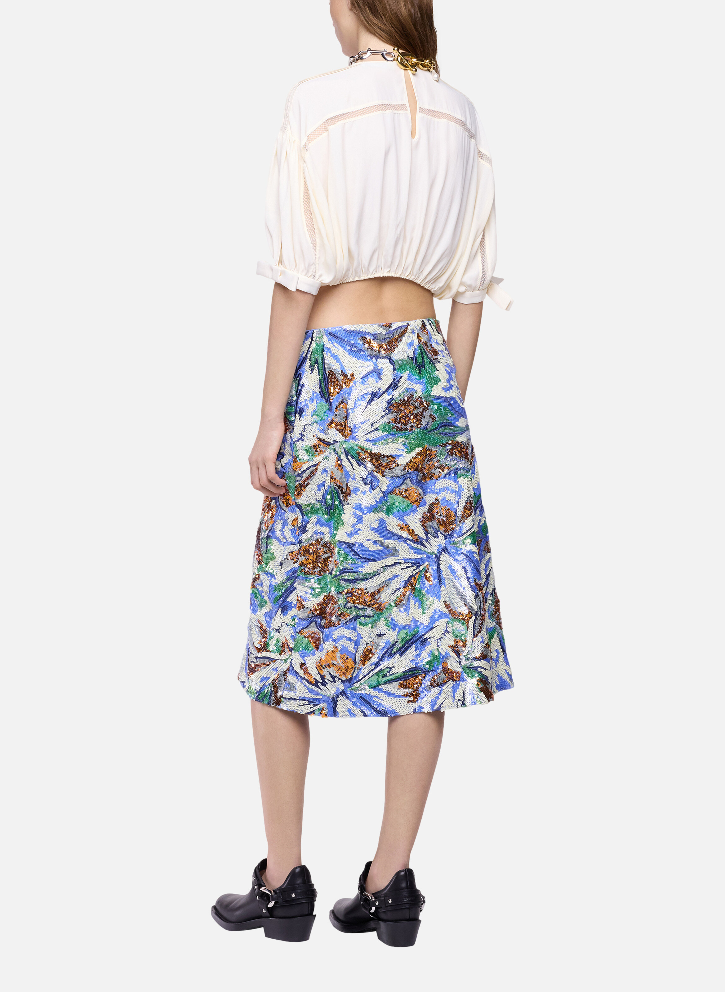 Jupe midi avec broderie de sequins en forme de fleurs RABANNE Bleu