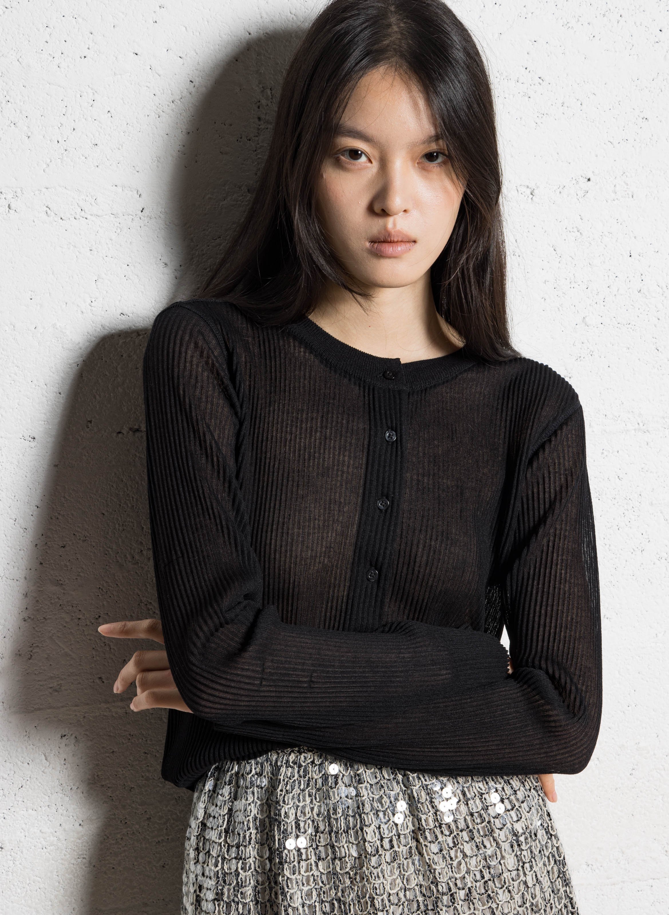 Cardigan droit col rond plissé IKKS Noir