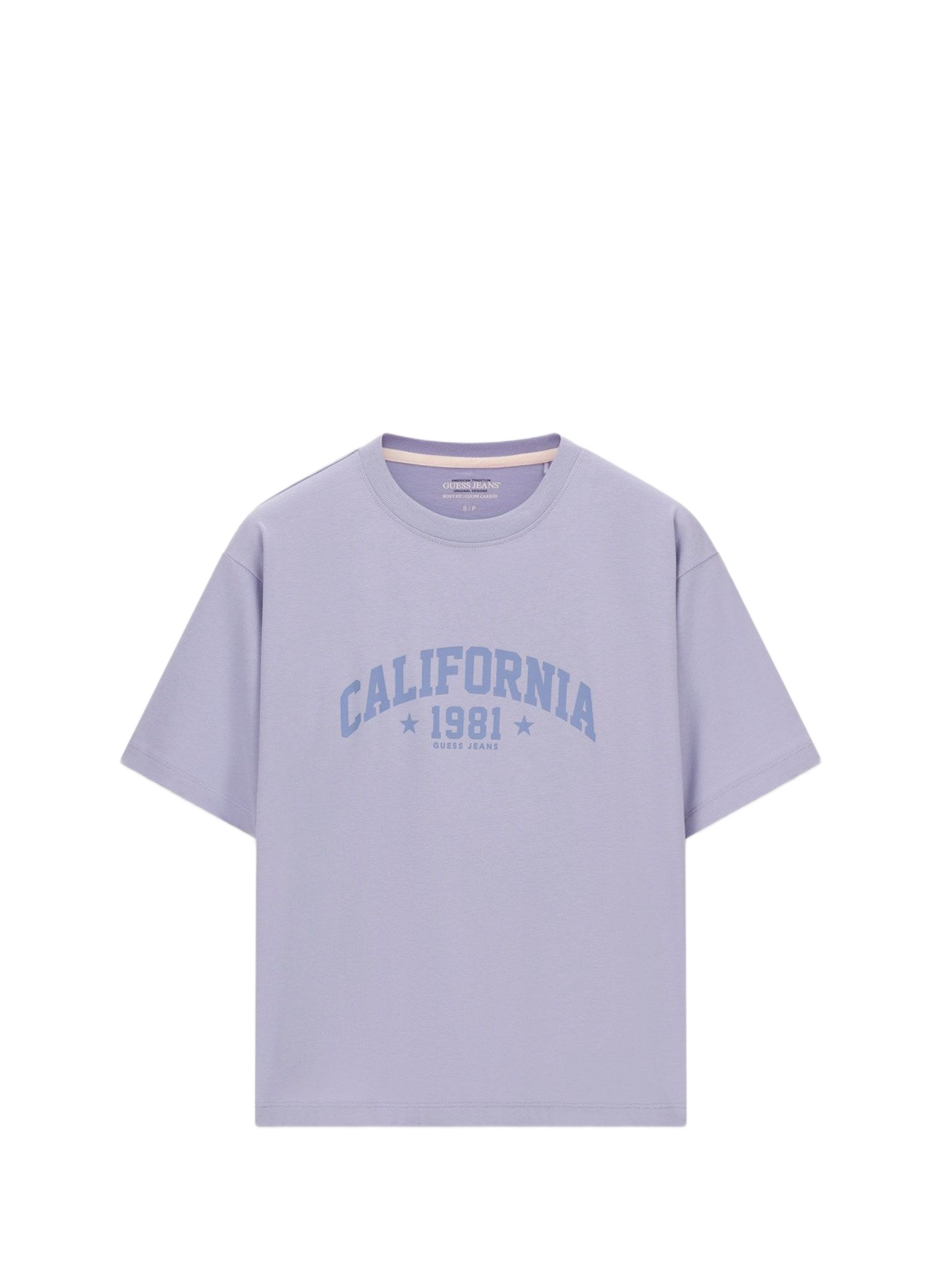 Straight round neck T-shirt in printed blended cotton. GUESS Purple