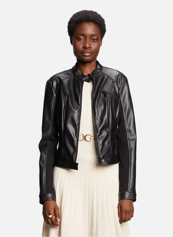 Black leather jacket guess sales