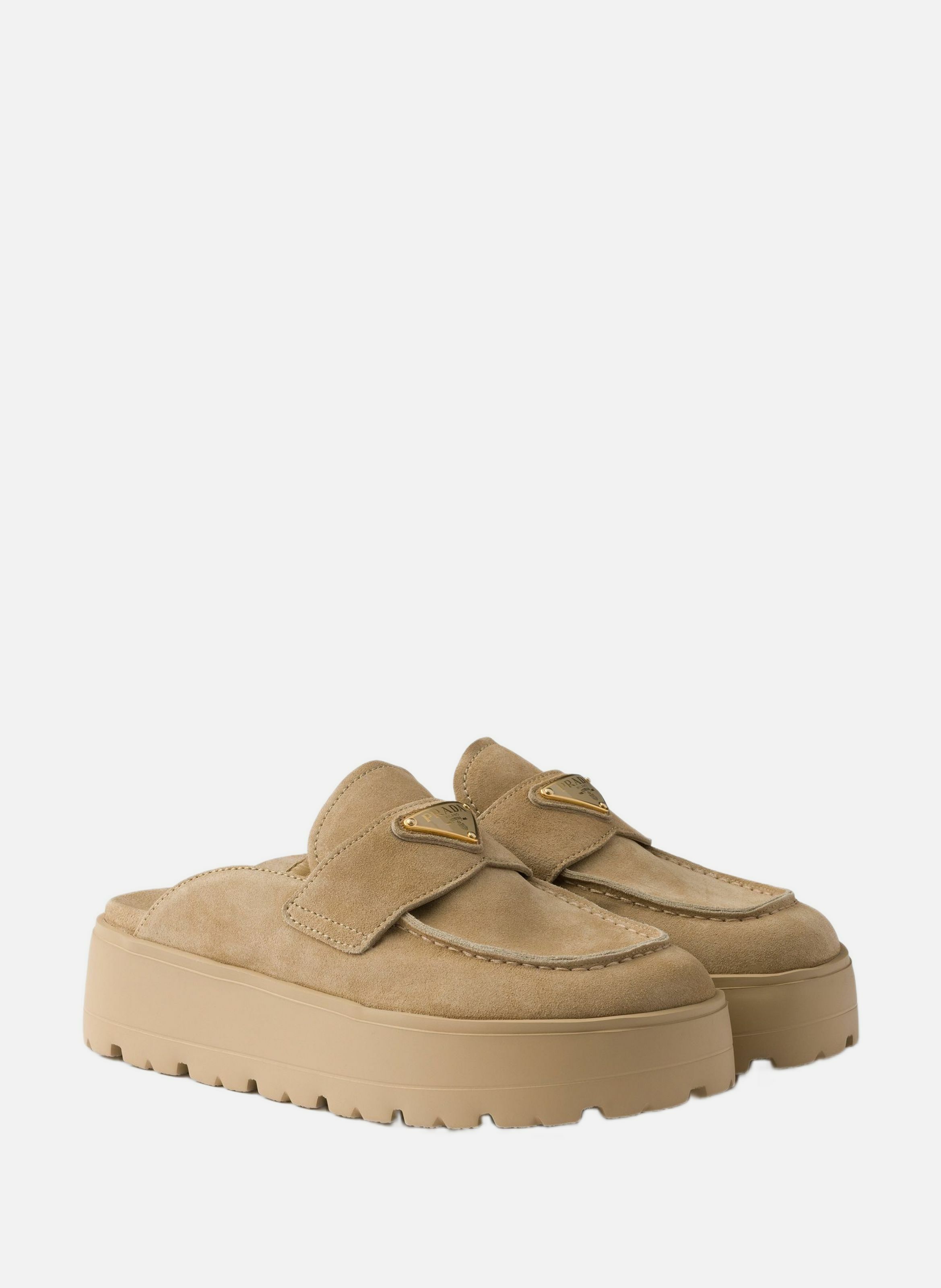 Mules à plateforme plate en veau velours PRADA Beige