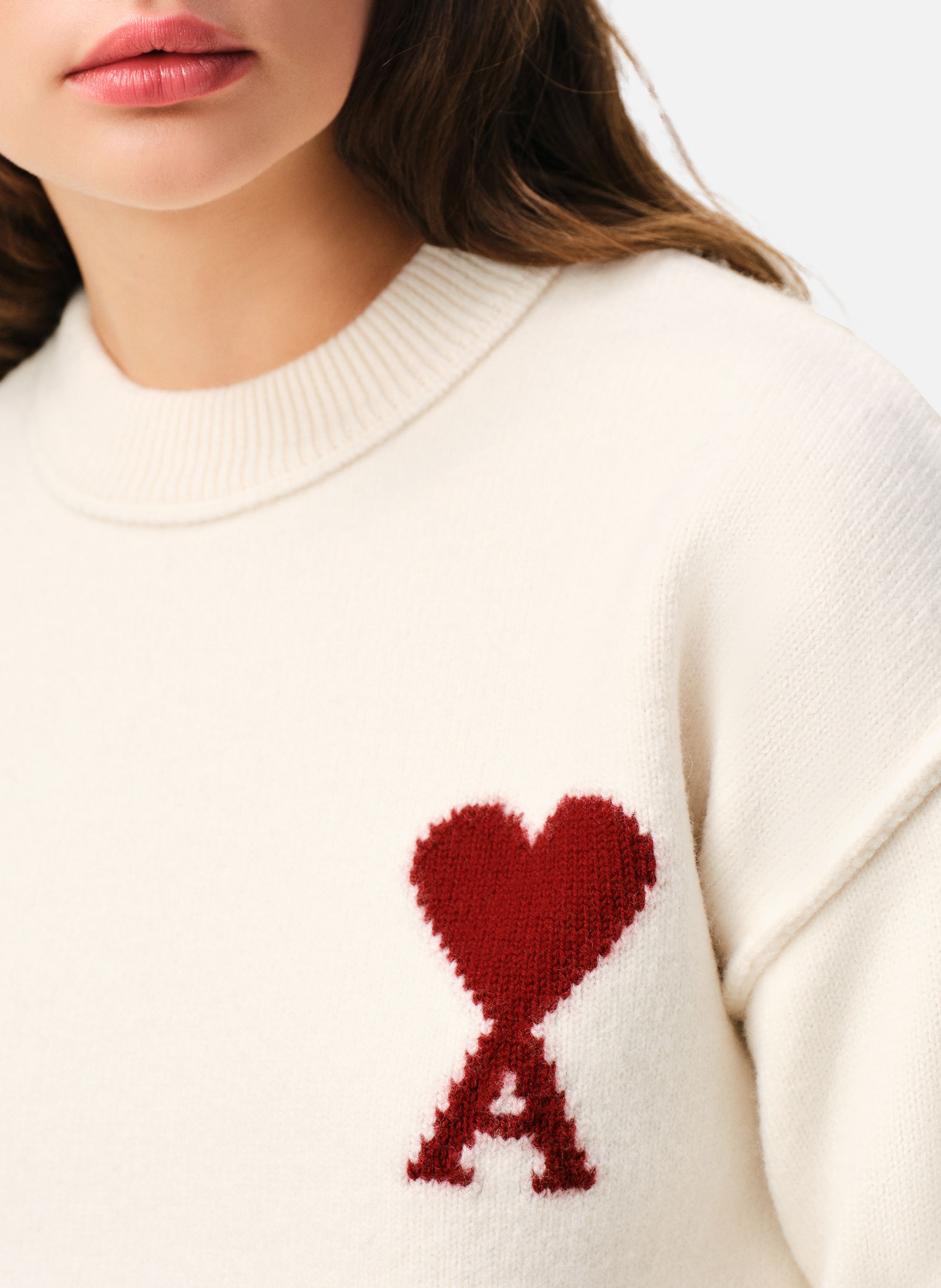 Pull Col Rond Ami De Coeur En Laine unisexe AMI PARIS Blanc