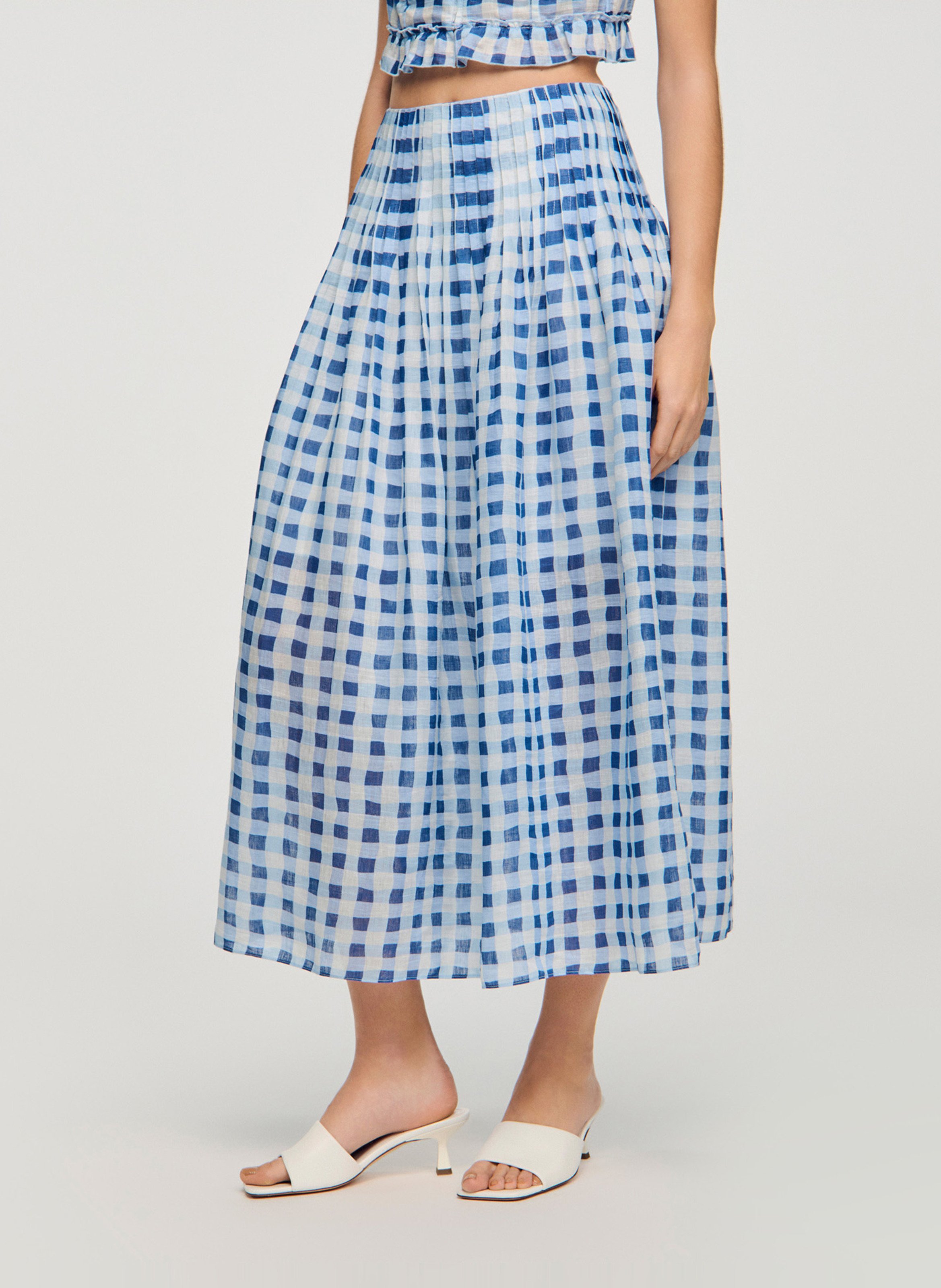 Jupe midi carreaux de vichy en lin mélangé SANDRO Bleu