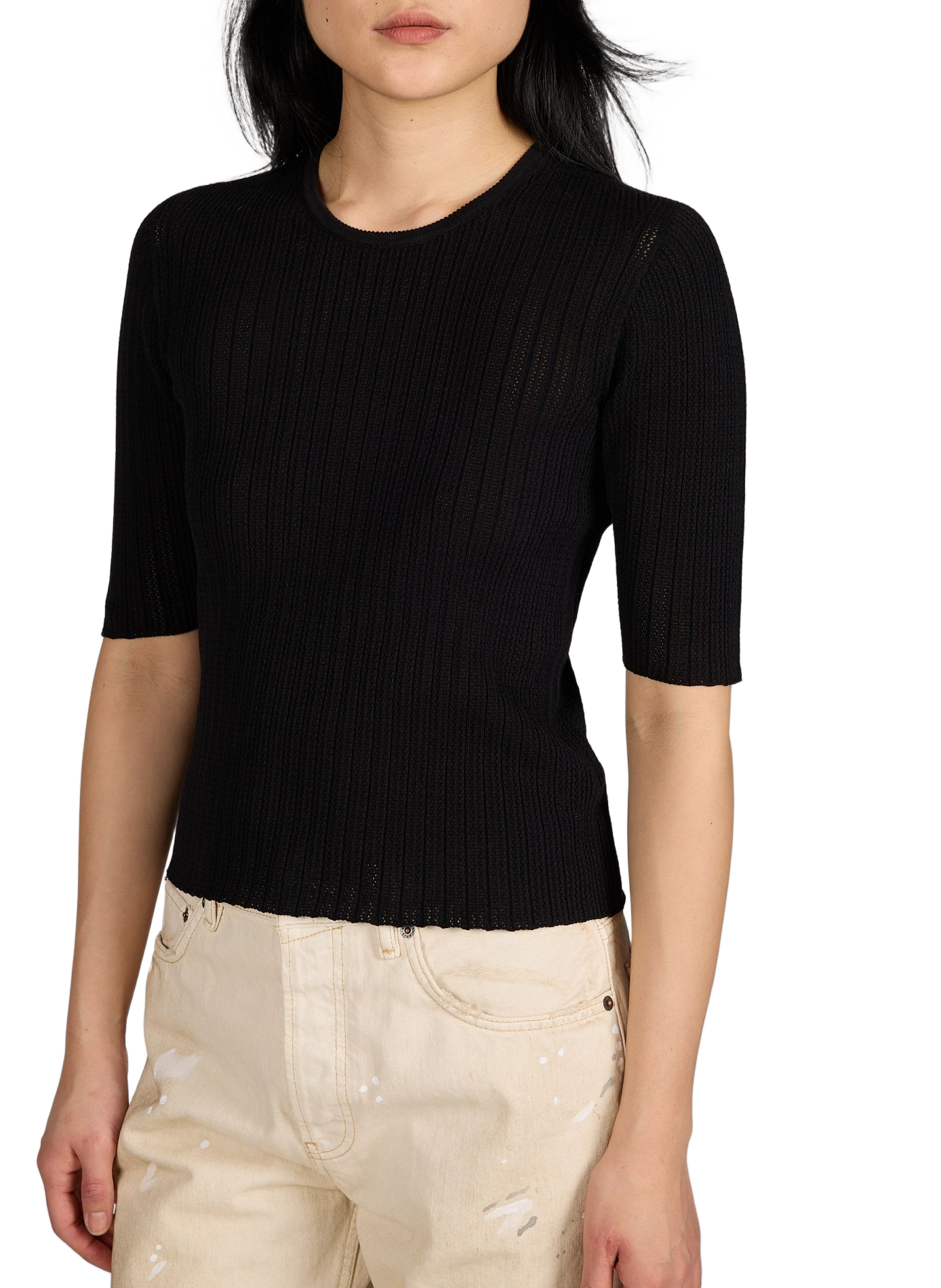 Ribbed round neck top in cotton blend MOLLI Black