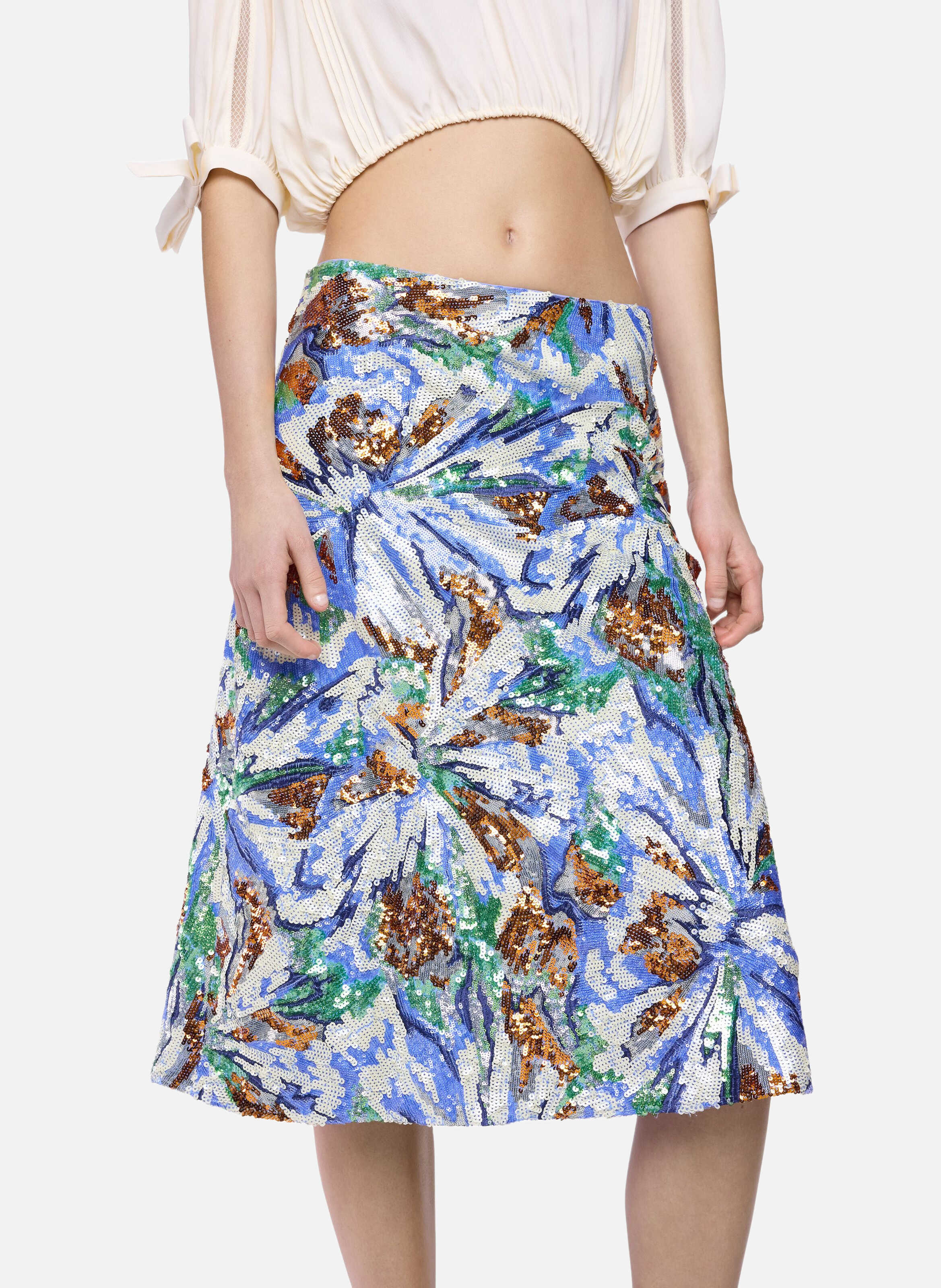 Jupe midi avec broderie de sequins en forme de fleurs RABANNE Bleu